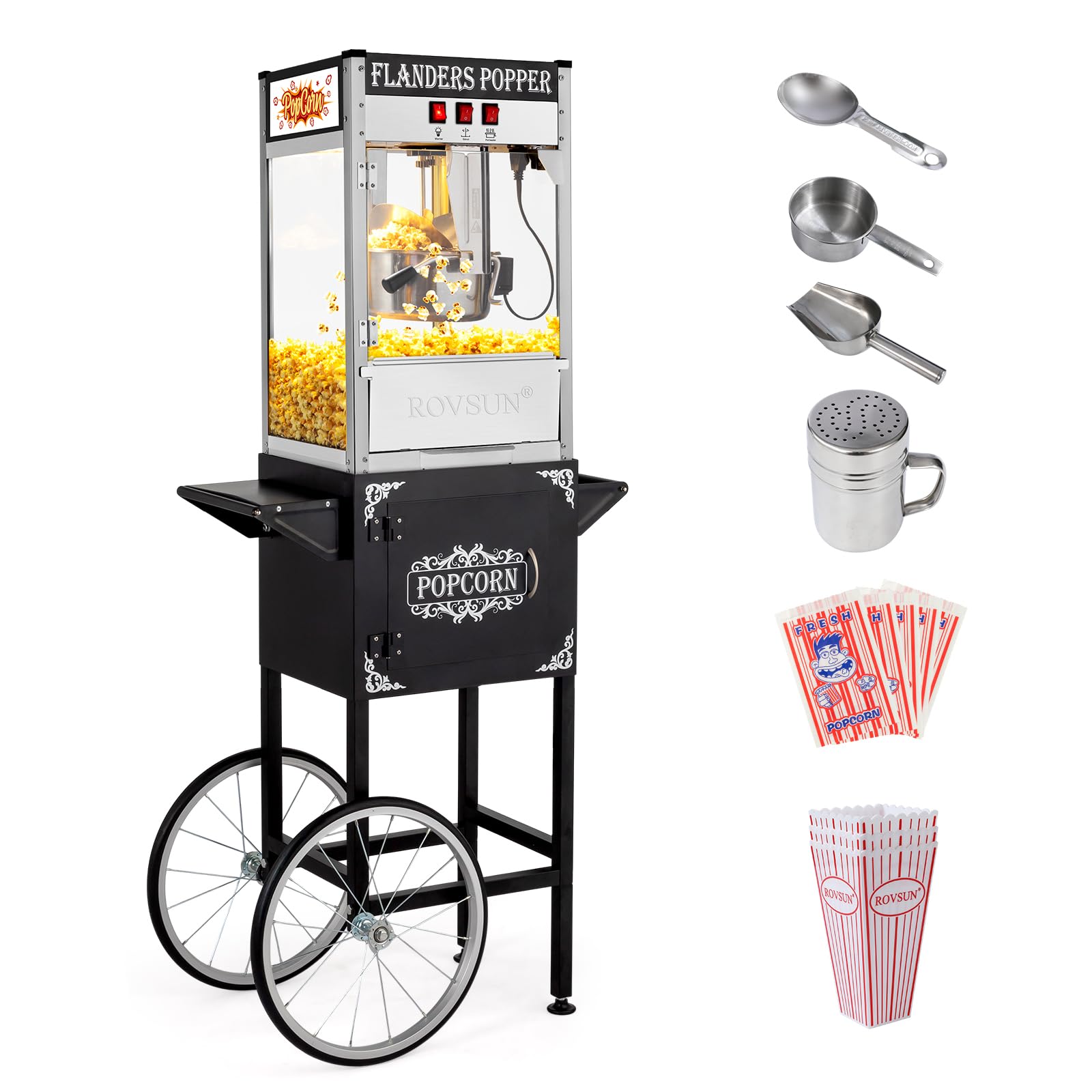 ROVSUN 850W Commercial Popcorn Machine with Cart & Wheels - 10oz Kettle Makes 4 Gallons, Includes Scoop, Oil Spoon, Cups & Bags - Perfect for Movie Theaters, Home Use, Parties & Events (Black)