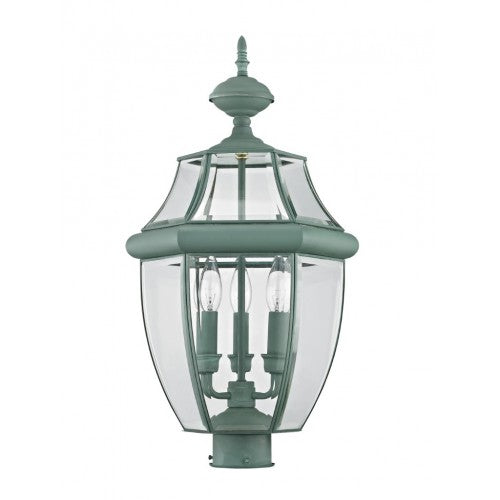 Vintage Style Outdoor Post Lantern - Handcrafted Solid Brass Candelabra Base Light Fixture with Clear Beveled Glass, Verdigris Finish - 23.5