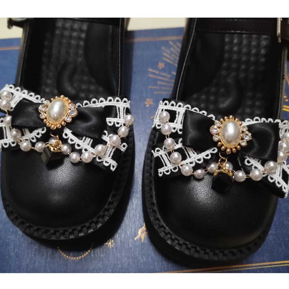 Black Beaded Shoe Clips with Lace Bowknot - Gothic Style Shoe Charms & Buckle Decorations (1 Pair) | Elegant Shoe Jewelry Accessories for Weddings, Parties & Special Occasions