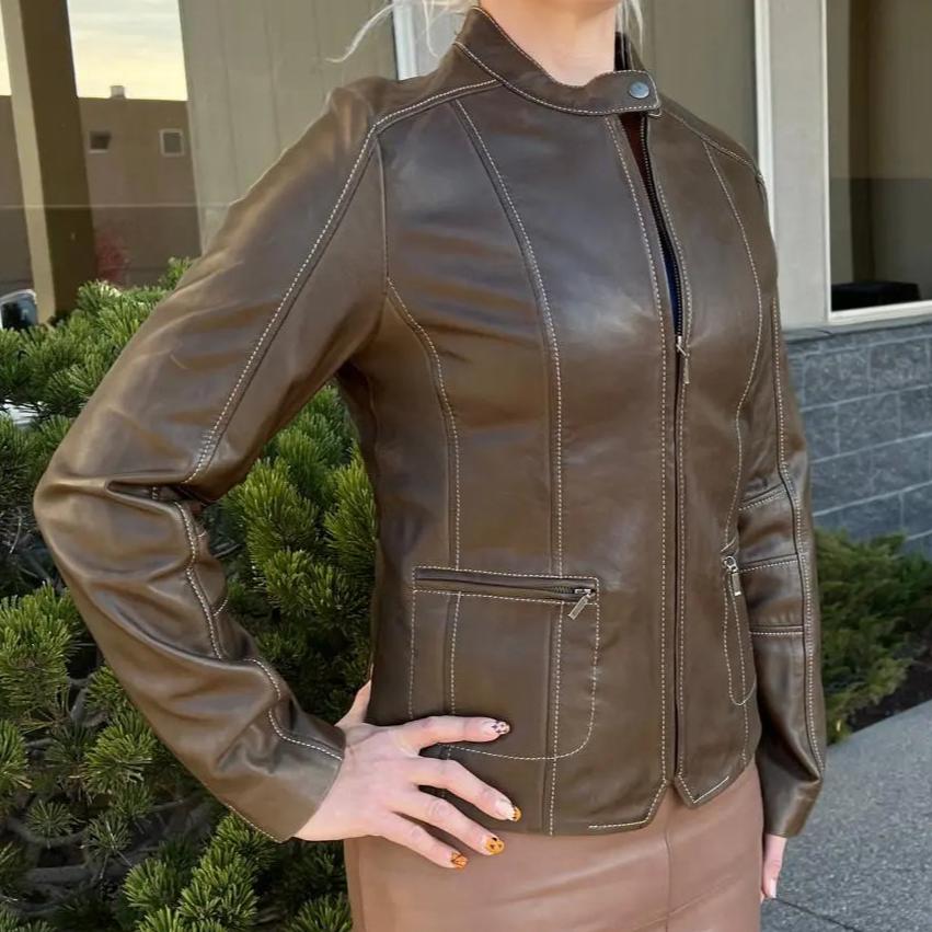 Women's Snap Collar Lamb Leather Jacket - Genuine Plonge Leather, Stylish & Comfortable for Casual Outings, Date Nights & Fall Fashion
