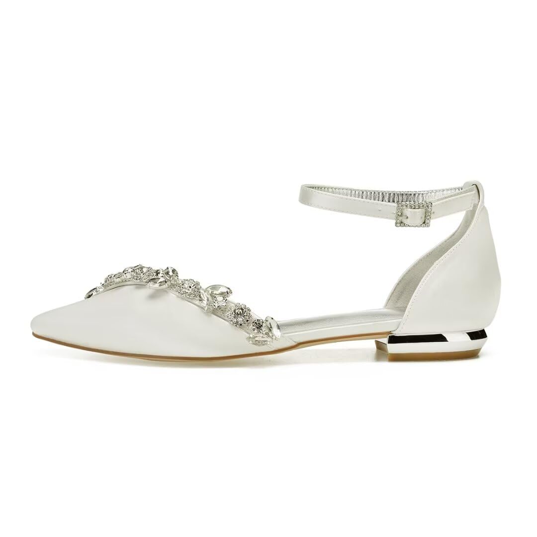 Elegant Satin Rhinestone Wedding Shoes for Bride – Pointed Toe Bridal Flats for Formal Dresses | Perfect for Church Ceremonies, Reception Parties & Bridal Showers
