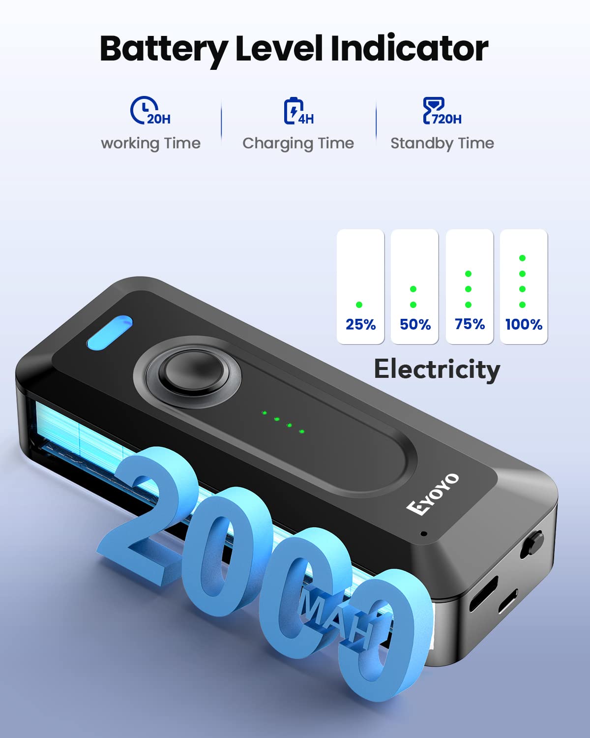 Eyoyo 2D Bluetooth Wireless Barcode Scanner - Portable QR Code Reader with 2000mAh Battery & Level Indicator - Compatible with iPhone, iPad, Android - Perfect for Library Book Inventory, Retail Stores & Warehouse Management