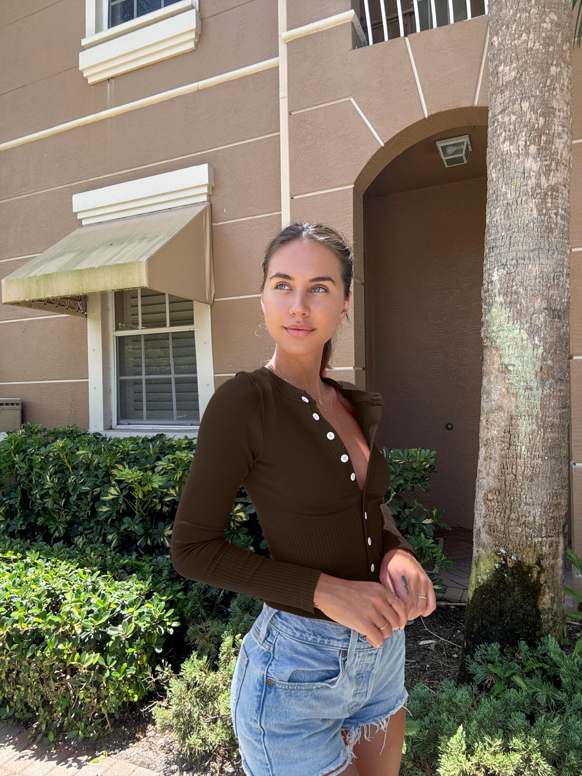 OQQ Women's Long Sleeve Knit Shirts - Stretch Crew Neck Button Down Casual Tops for Everyday Wear | Perfect for Office, Date Night & Fall Layering