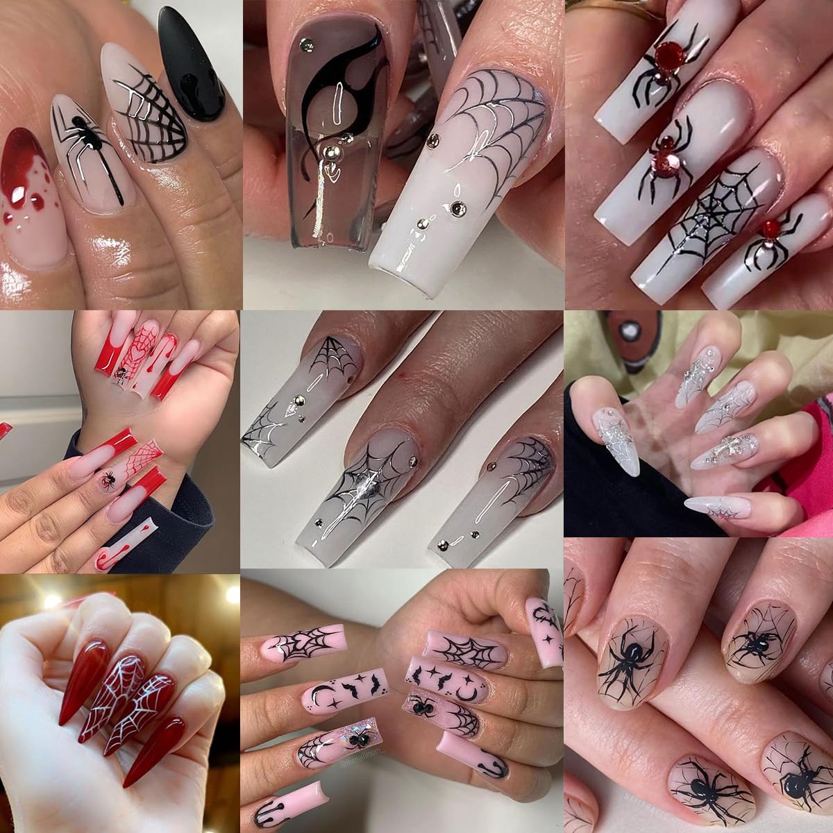Spider Web Halloween Nail Stickers with Rhinestones - 6Pcs Red & Black Nail Art Decals for Women | Classic Halloween Manicure Accessories for Parties, Costume Events & Spooky Nail Designs