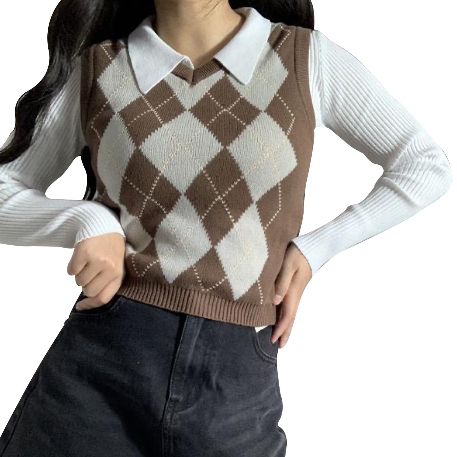 Y2K Argyle Cropped Sweater Vest for Women - V Neck Plaid Knitted Tank Top | Casual Outfits, Layering Pieces & Retro Fashion