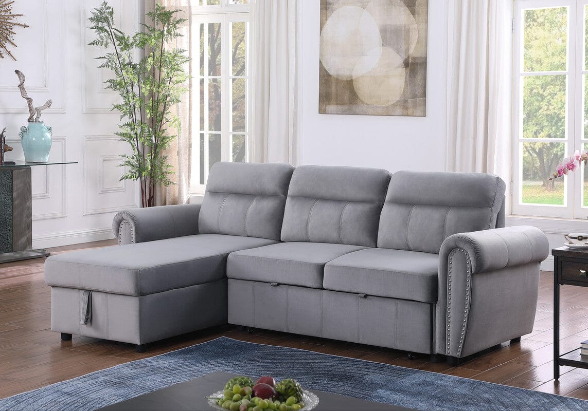 Luxury Ashton Gray Velvet Reversible Sectional Sofa with Chaise Lounge - Modern Reversible Sleeper Sofa for Living Room, Home Theater & Guest Room Comfort