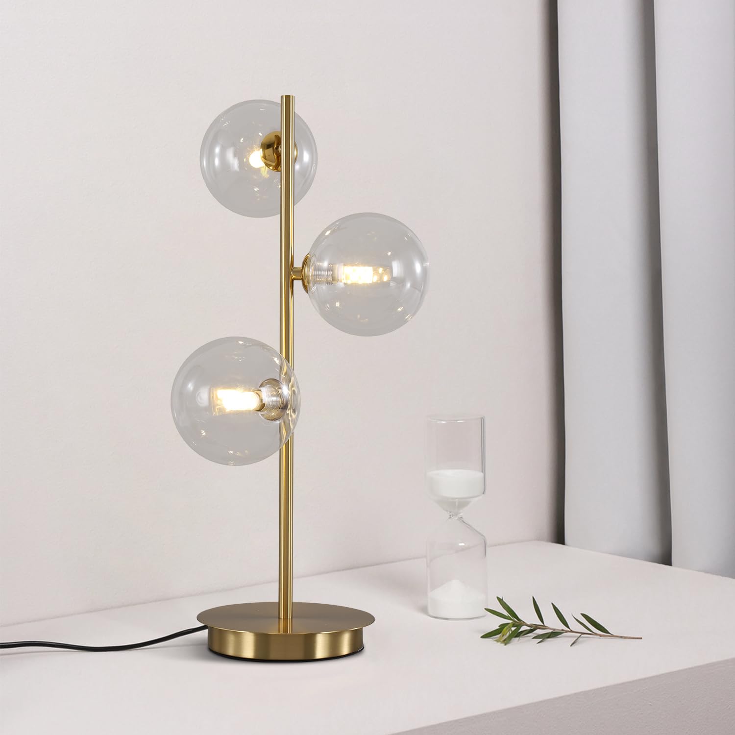 Mid Century Modern Gold Desk Lamp with 3 White Glass Globes - Contemporary Reading Light for Bedroom, Living Room & Study | Perfect for Nightstands, Office Desks & Cozy Corners