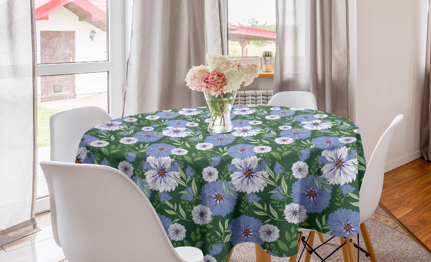 Ambesonne Floral Round Tablecloth - 60 Inch Spring Garden Design with Blue, White & Multicolor Meadow Flowers & Leaves - Perfect for Dining Room, Kitchen, Party & Outdoor Decor
