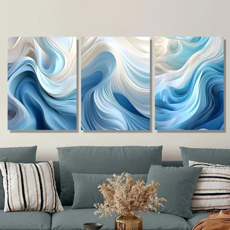 3-Piece Abstract Blue and White Swirl Metal Wall Art - Ready to Hang Modern Home Decor for Living Room, Bedroom & Office