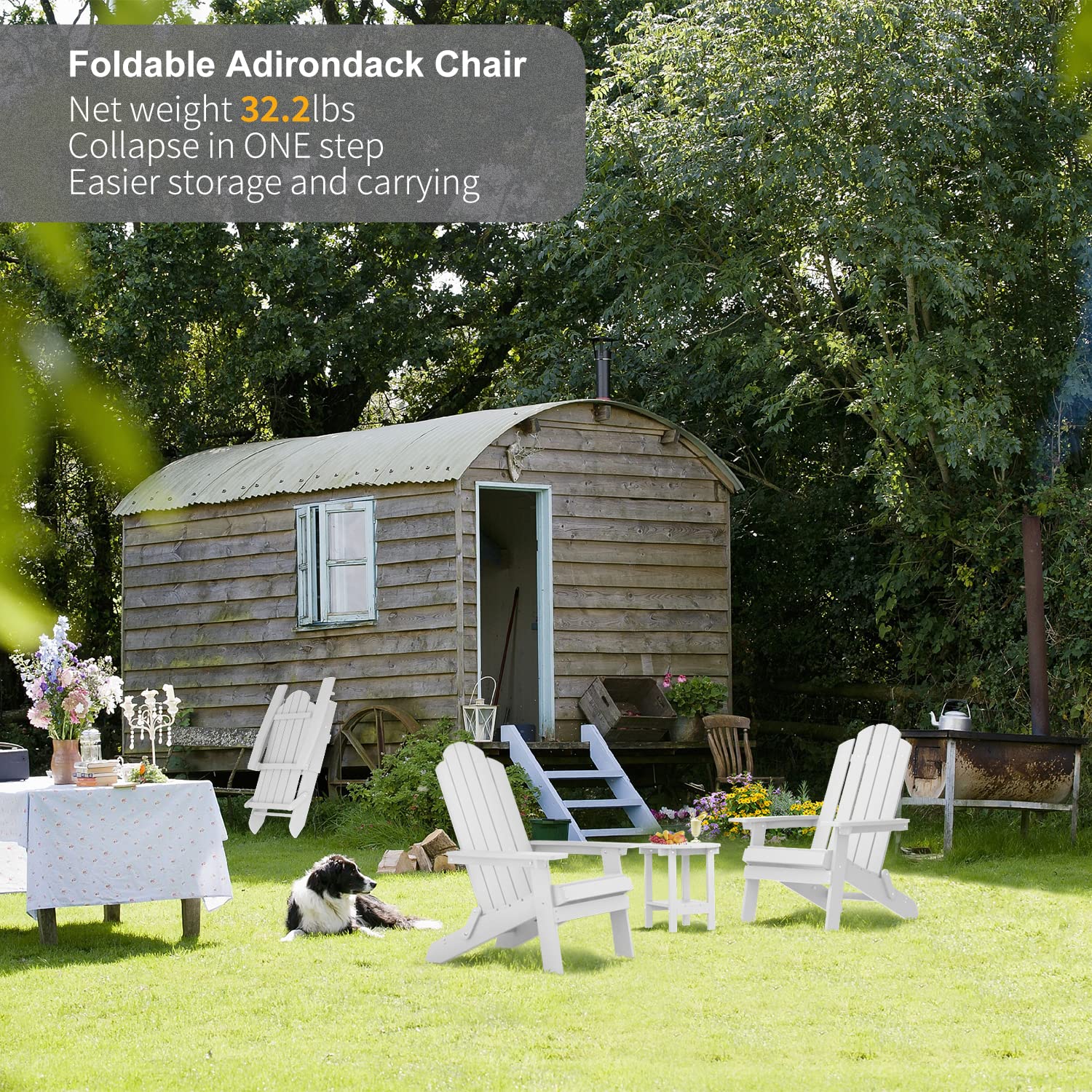 MXIMU Folding Adirondack Chair - White Plastic Outdoor Lounge Chair for Backyard, Deck, Garden, Camping & Fire Pit - Comfortable Lawn Seating for Relaxation & Outdoor Gatherings