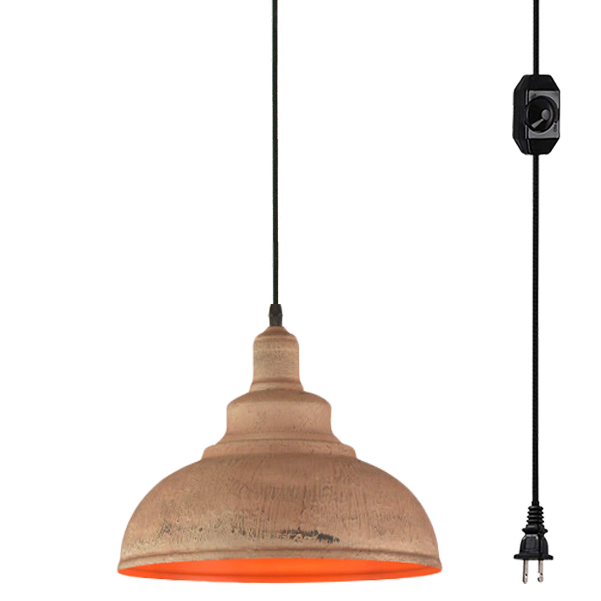 Vintage E26 Socket Iron Pendant Light with 15ft Plug-in Cord & UL Certified Dimmer Switch - Macaron Camel Lampshade Nordic Minimalist Semi-Circle Hanging Lamp for Bedroom, Living Room, Reading Nook & Home Office Lighting