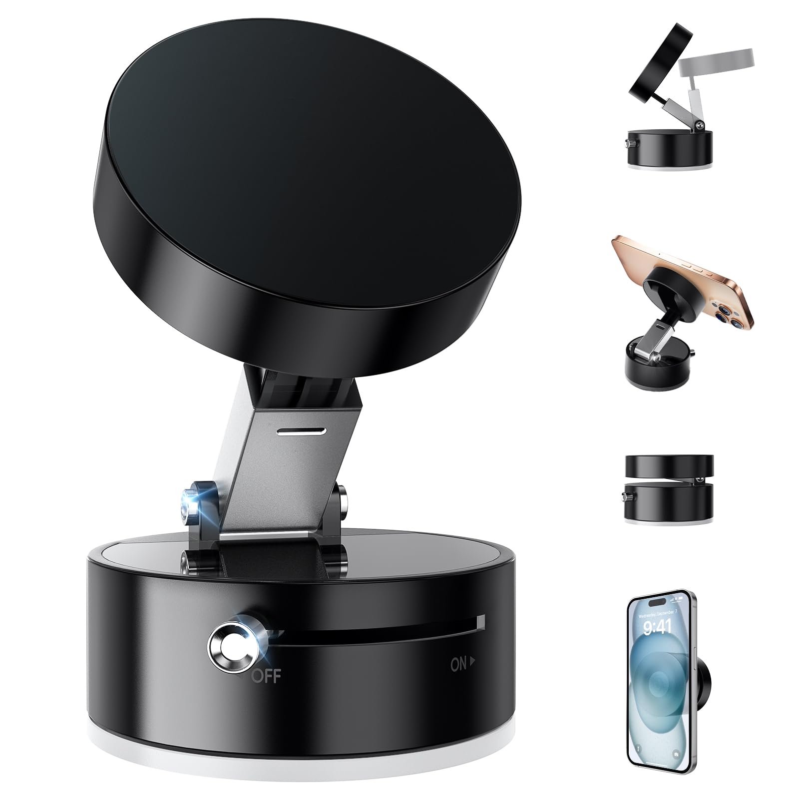 Vacuum Suction Magnetic Phone Holder - Adjustable Car Mount for iPhone 16/15/14/13/12, Foldable Stand for Gym, Shower, Mirror & Dashboard Use