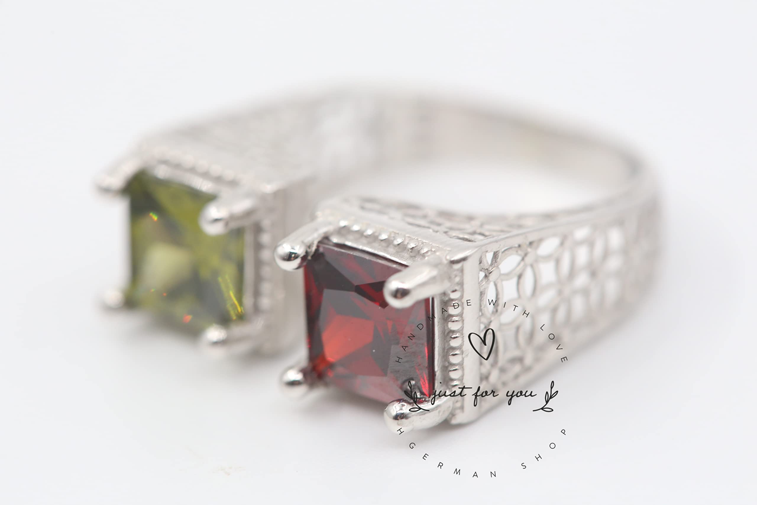 Exquisite Square Cut Ruby & Olive Green Sterling Silver Reversible Ring - Handmade Two-Sided Jewelry for Women | Unique 2 Stone Ring Gift for Her | Perfect for Date Nights, Anniversaries & Special Occasions