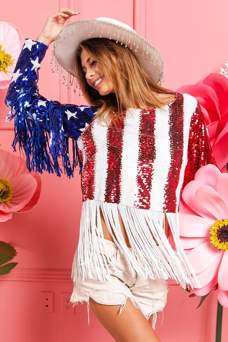 BiBi American Flag Theme Fringe Detailed Sequins Crop Top - Patriotic Party Wear for 4th of July, Concerts & Festivals