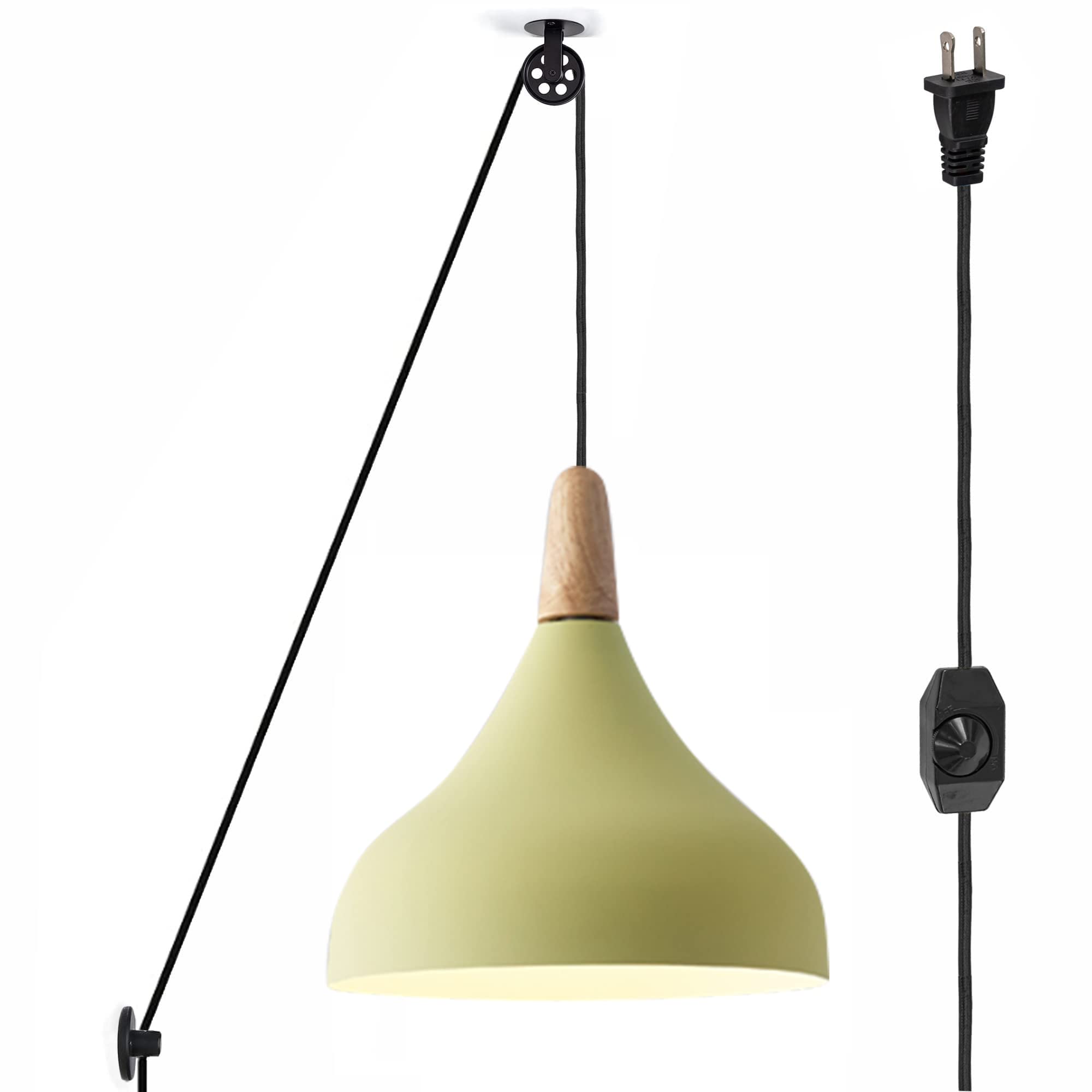 Kiven Vintage Industrial Pendant Light with Pulley - E26 Socket, 15ft Adjustable Cord & Dimmer Switch, Iron Art Hanging Fixture for Kitchen Island, Dining Room, Bar Decor (Macaron Yellow, 1 Pack)
