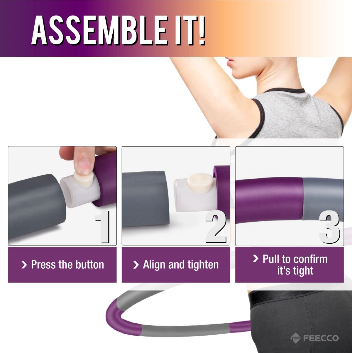 FEECCO Weighted Fitness Hoop for Women & Men - 8 Detachable Sections Adjustable Hula Hoop for Core Workout, Waist Trimming & Weight Loss - Perfect for Home Gym, Outdoor Exercise & Fitness Training