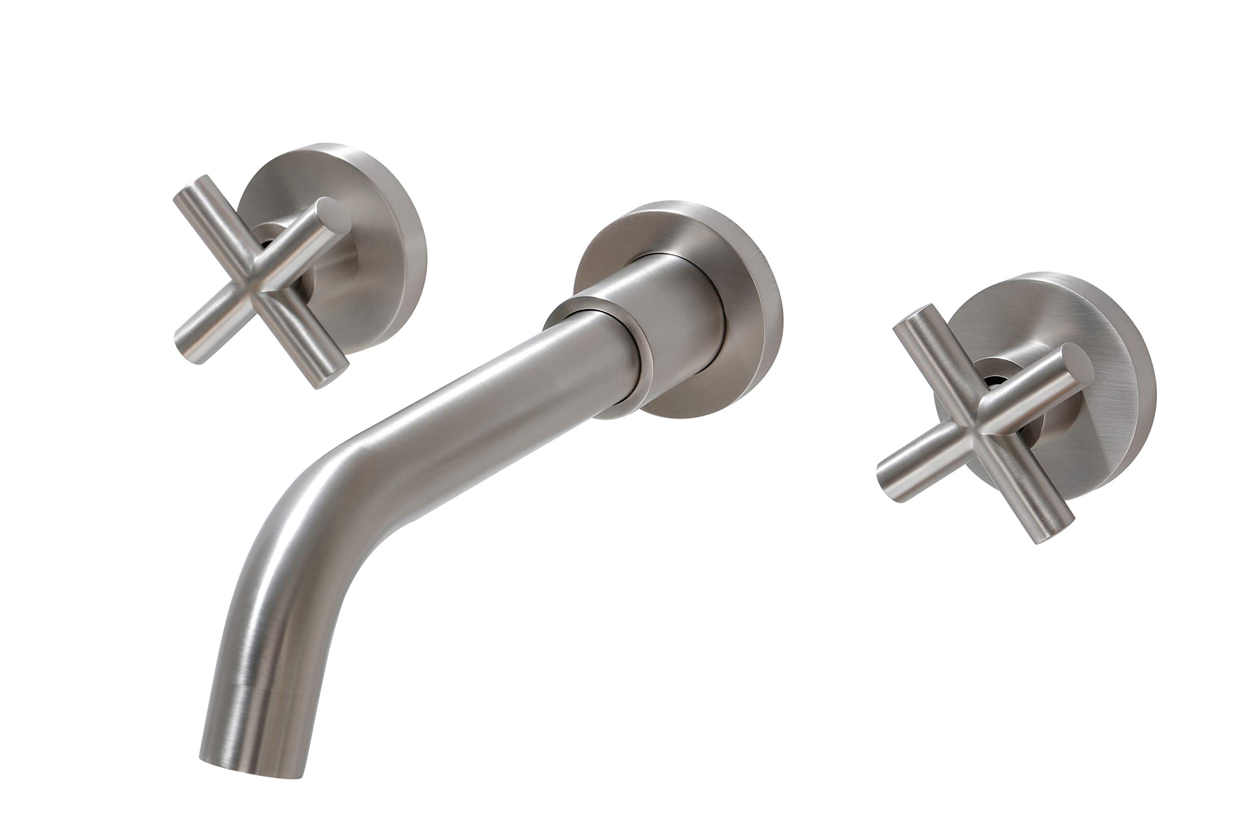 Brushed Nickel Wall Mount Bathroom Faucet - Double Handle Sink Faucet with Rough-in Valve - Modern Waterfall Bathroom Sink Faucet for Powder Room, Guest Bath & Small Spaces