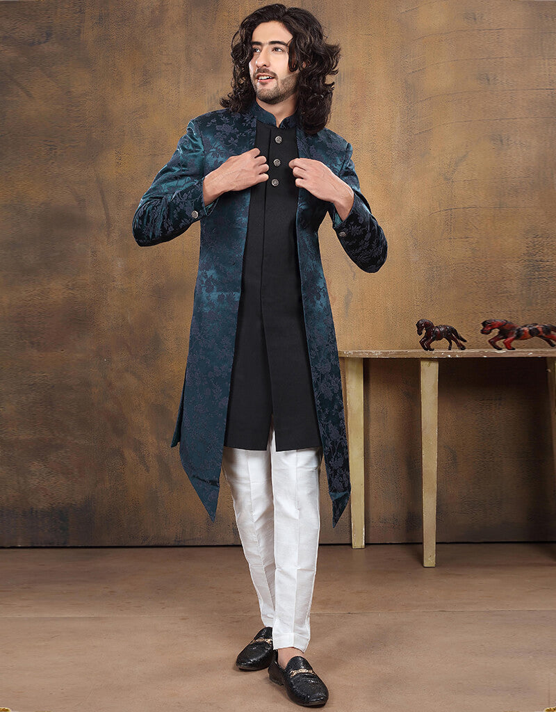 Stylish Black Teal Kurta with Imported Dhoti - Traditional Indian Ethnic Wear for Men, Perfect for Weddings, Festivals & Cultural Events