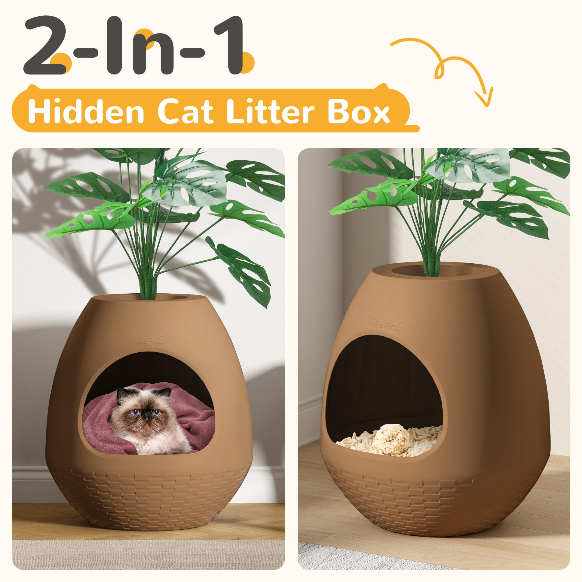 Eggloa6 Hidden Cat Litter Box with Artificial Plants - DIY Discreet Litter Box Furniture for Home Decor (Coffee Brown) - Perfect for Small Spaces & Pet-Friendly Living Rooms