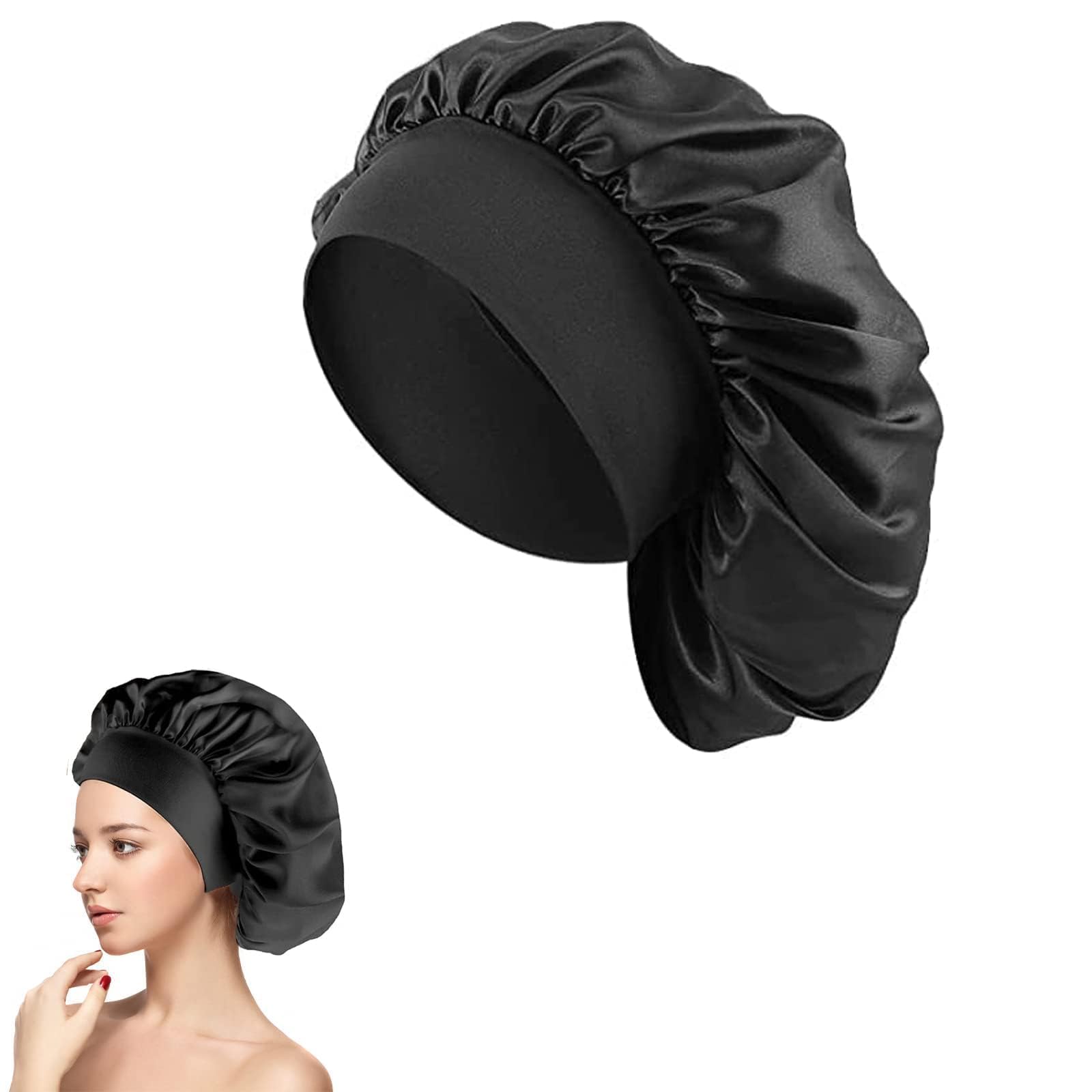 Silk Sleep Bonnet for Women & Girls - Adjustable Night Cap for Curly & Black Hair - Black One Size - Perfect for Nighttime Hair Protection & Styling
