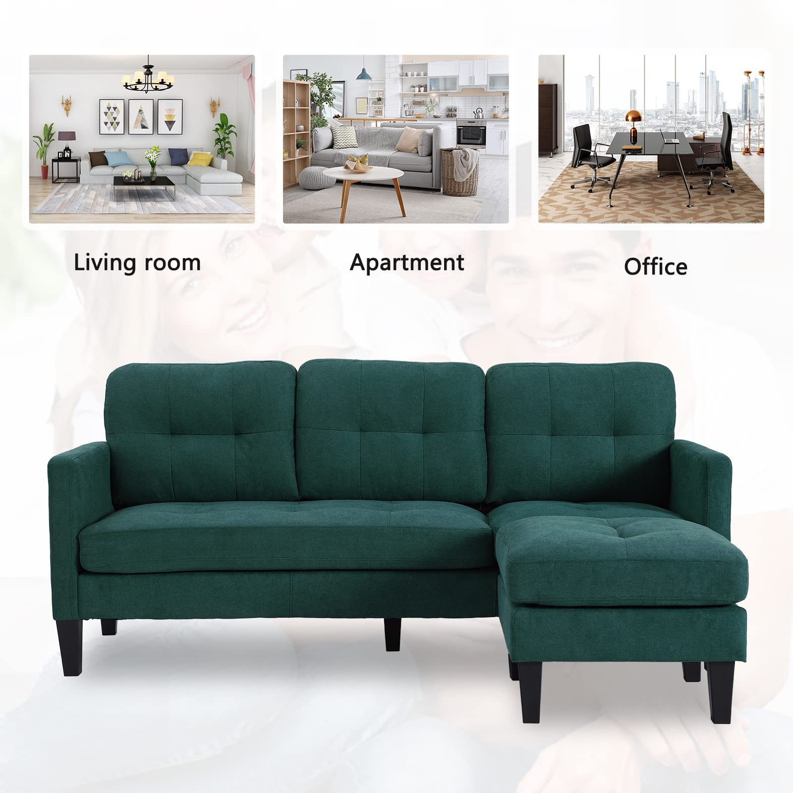 Modern L-Shaped Convertible Sectional Sofa Set - 3-Seat Reversible Chaise Couch for Small Spaces, Apartments & Living Rooms (Green) | Perfect for Studio Apartments, Condos & Cozy Home Decor