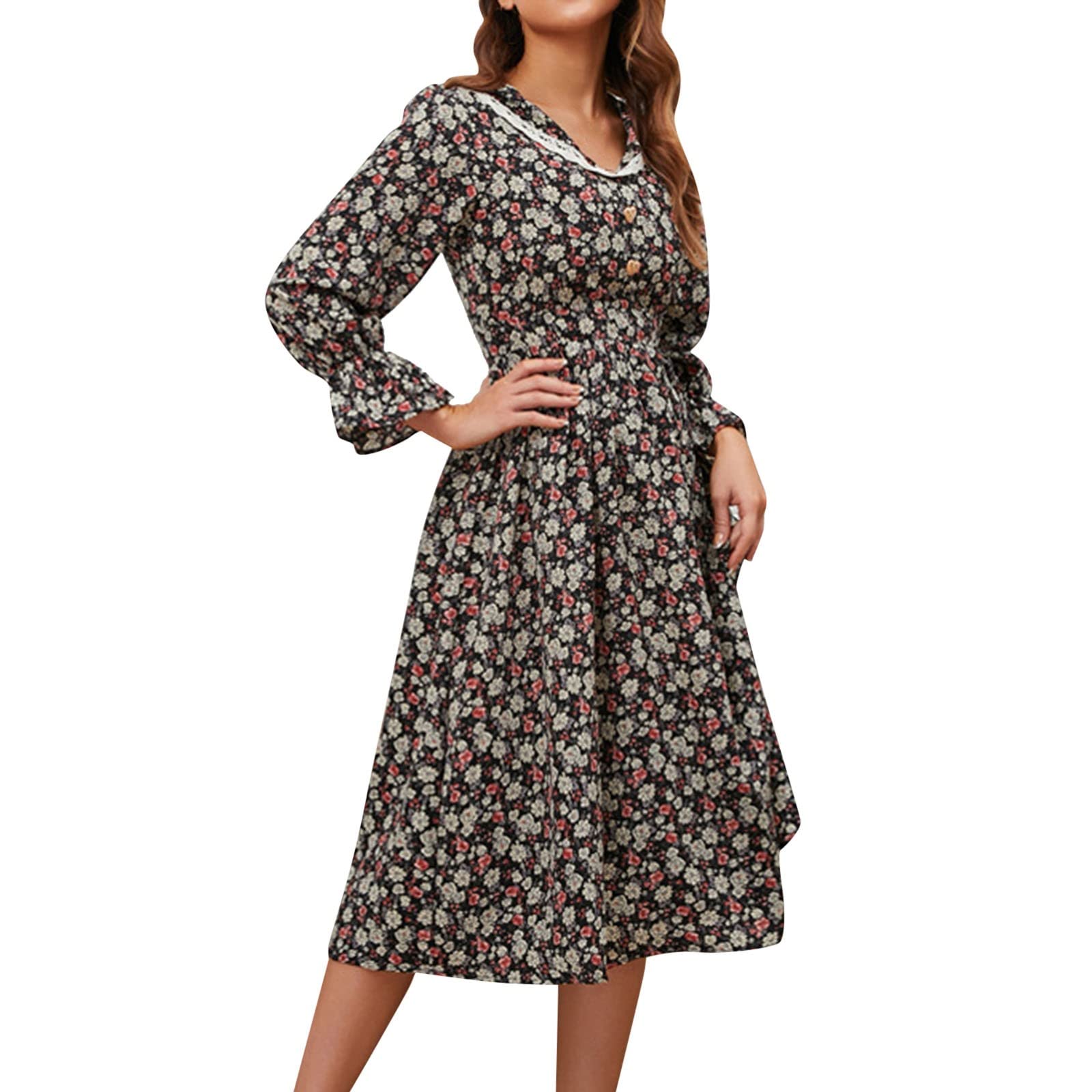 Elegant Retro Floral Lace Long Sleeve Dress for Women - Autumn Winter Casual Dress with Lapel Design | Perfect for Office, Dating & Holiday Parties