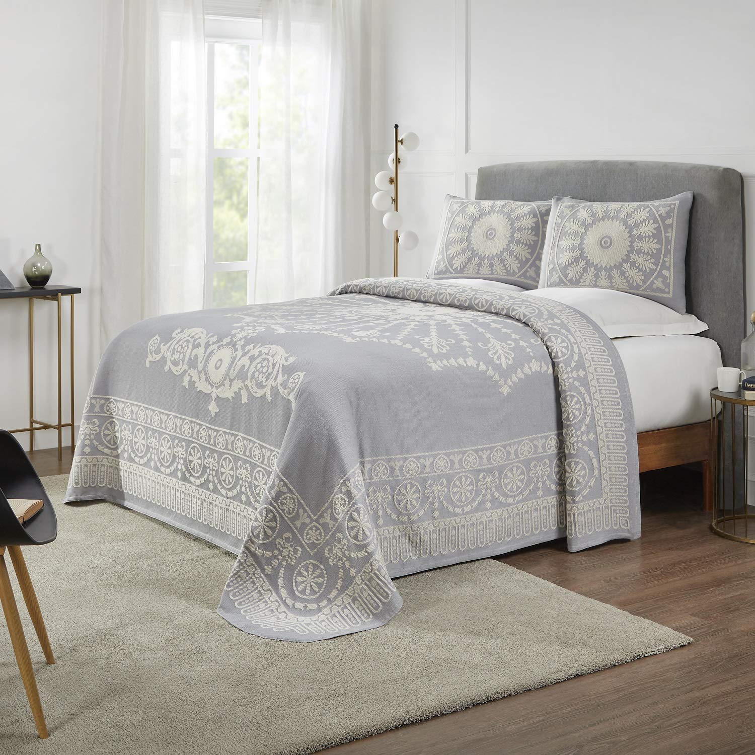 BLUENILEMILLS BNM Cotton Blend Matching Pillow Shams & Lightweight Blanket Set - Classic Medallion Bedspread Full Size in Slate Blue | Perfect for Master Bedroom, Guest Room & Cozy Home Decor