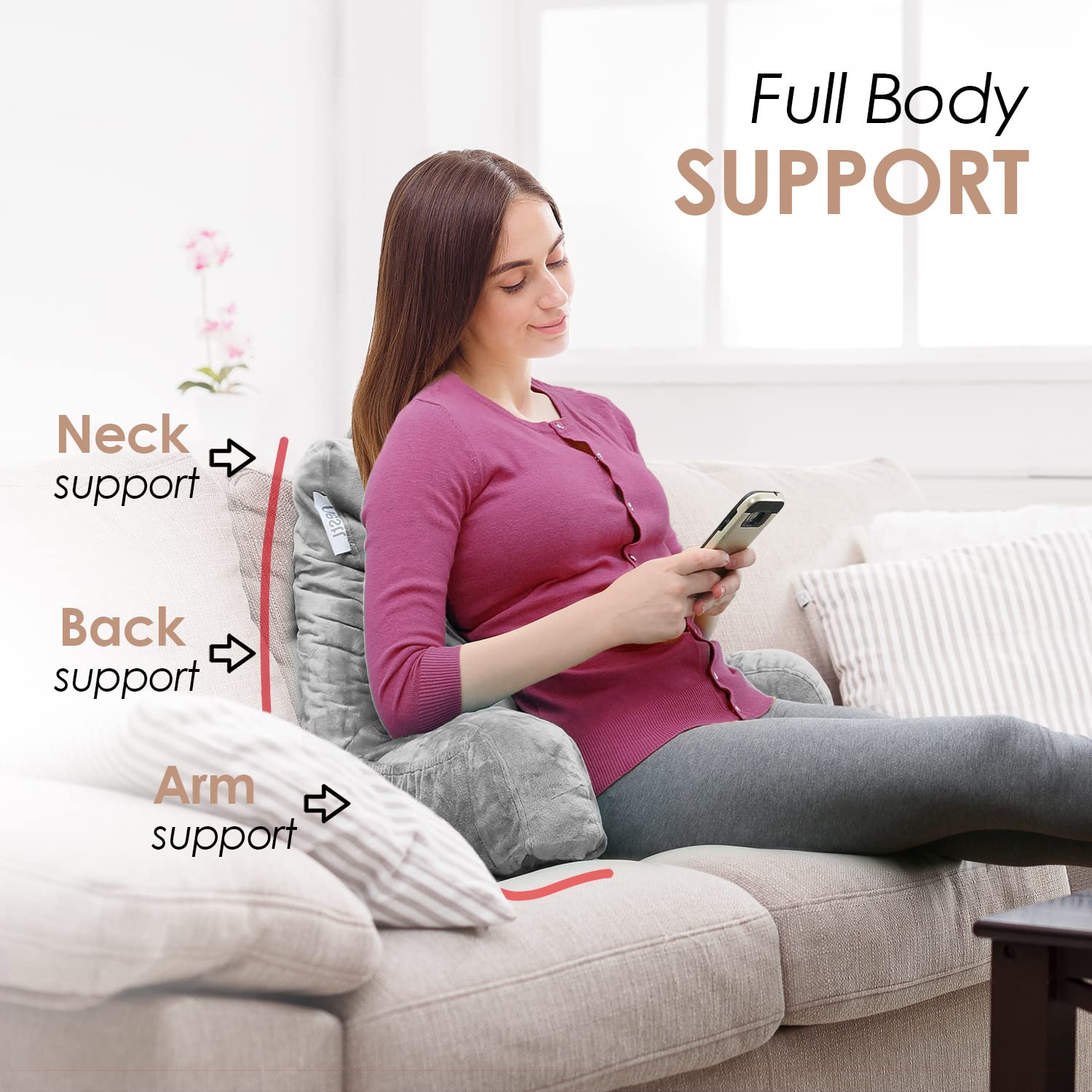Nestl Reading Pillow with Shredded Memory Foam - Standard Bed & Back Support Pillow for Sitting in Bed, Reading, or Relaxing | Light Grey Chair Pillow with Pockets | Perfect for Bed Rest, Arm Support & Book Storage