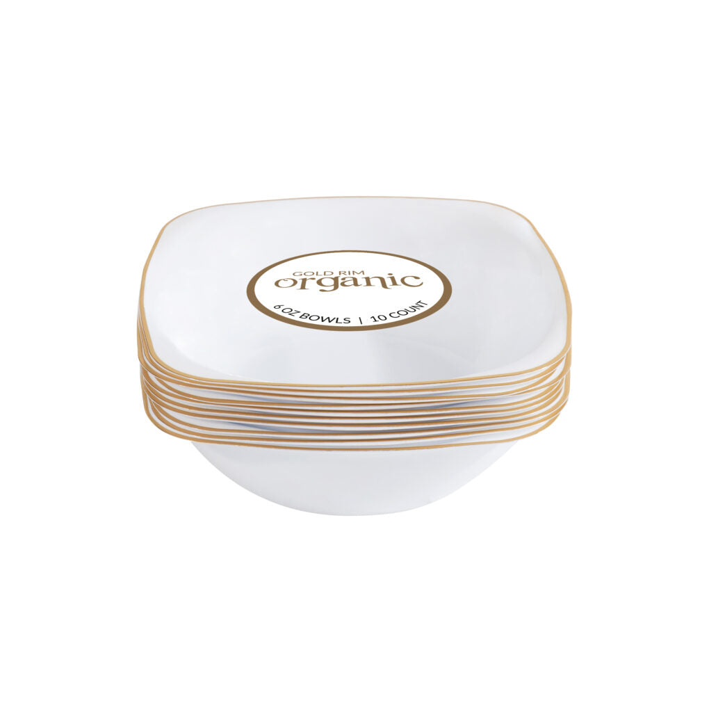 White and Gold 6 oz. Plastic Dessert Bowls - 10 Pack Organic Compostable Party Cups for Ice Cream, Pudding & Fruit Salad - Perfect for Birthday Parties, Baby Showers & Picnics