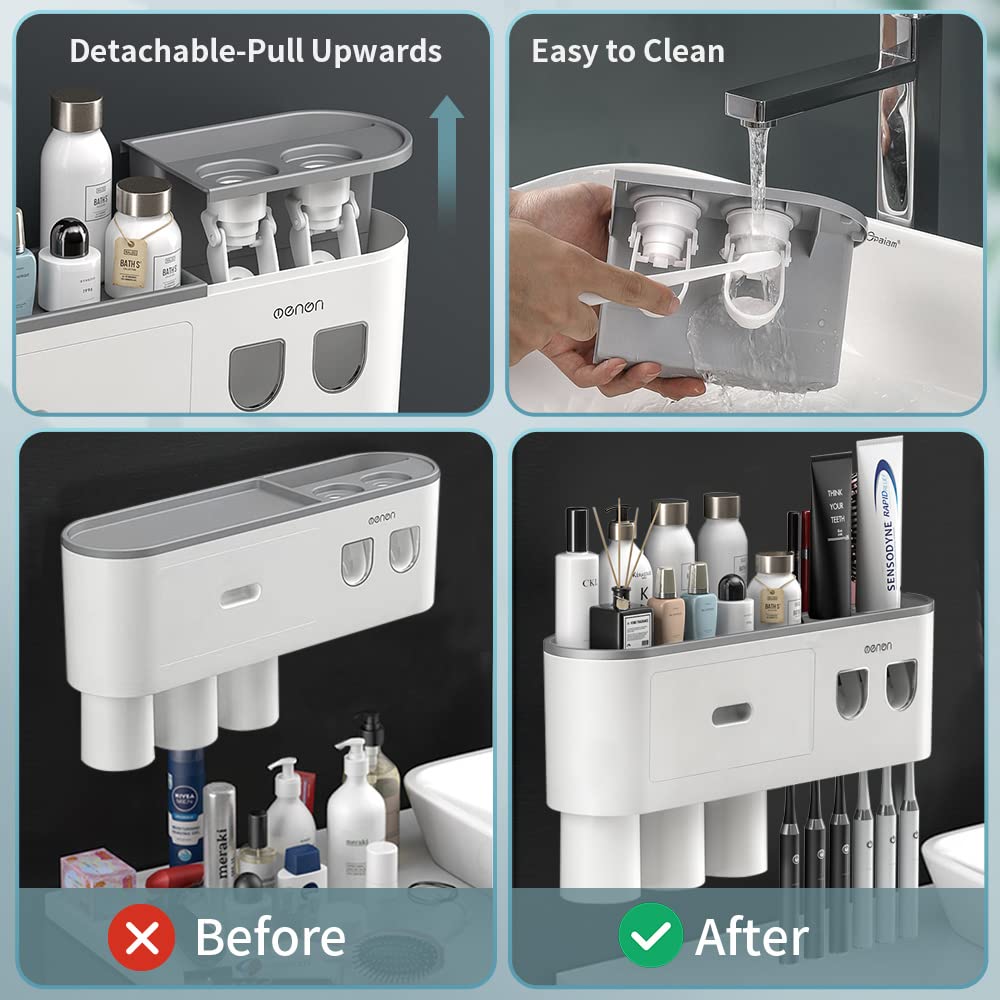 Wall Mounted Toothbrush Holder with Automatic Toothpaste Dispenser - 6 Brush Slots, 3 Magnetic Cups, Cosmetic Drawer & Storage Tray - Perfect for Bathroom Organization & Space Saving
