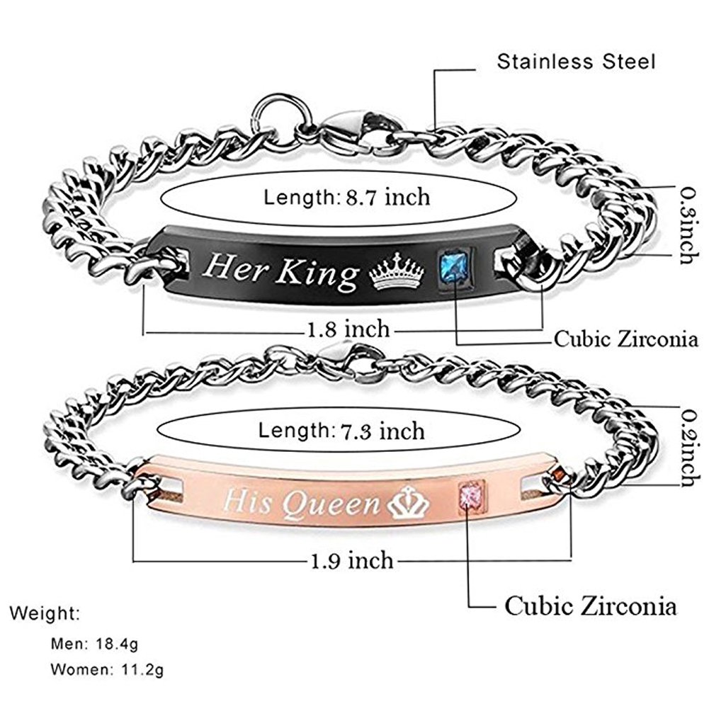 King Queen Couple Bracelets - Engraved Crown Stainless Steel Adjustable Bracelet Set in Rose Gold & Black for Him & Her - Romantic Gift for Wife, Husband, Anniversary, Valentine's Day