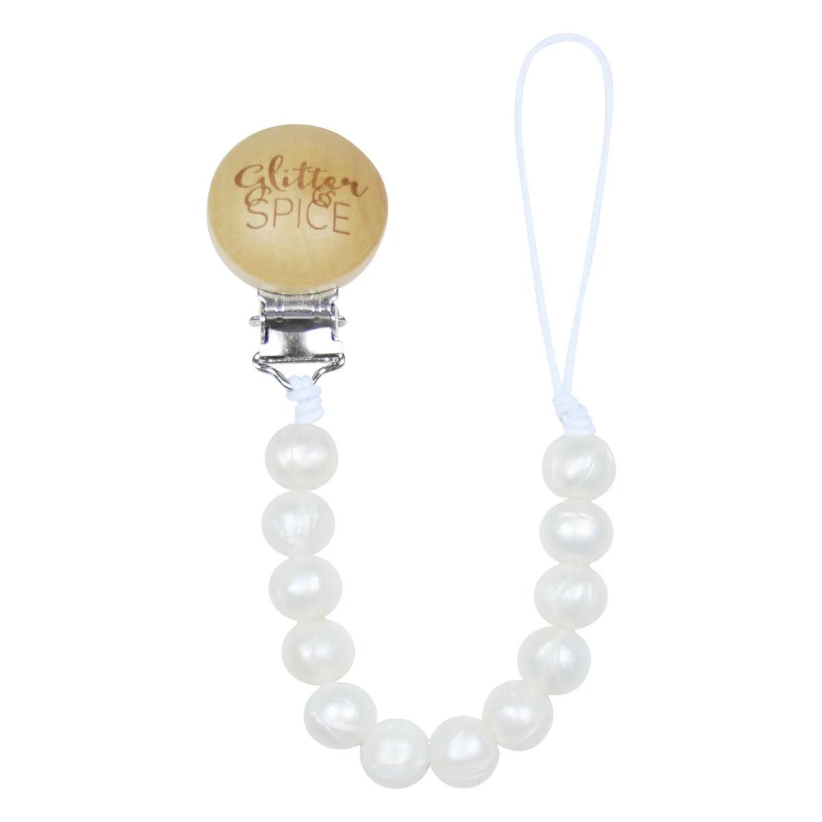 Glitter and Spice Pacifier Clip with Lace & Pearls - Stylish Baby Accessory for Girls, Toddler Essentials, Fashionable Nursery Decor, Perfect for Parties & Photo Shoots
