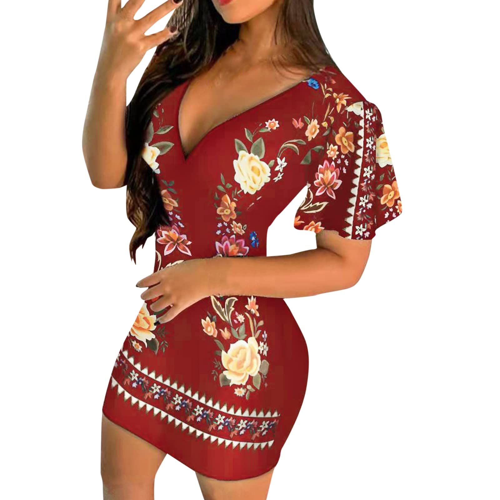 MINIY 2022 Women's Floral Print Deep V Neck Short Sleeve Midi Work Dress - Office Wear, Business Casual & Summer Outfits