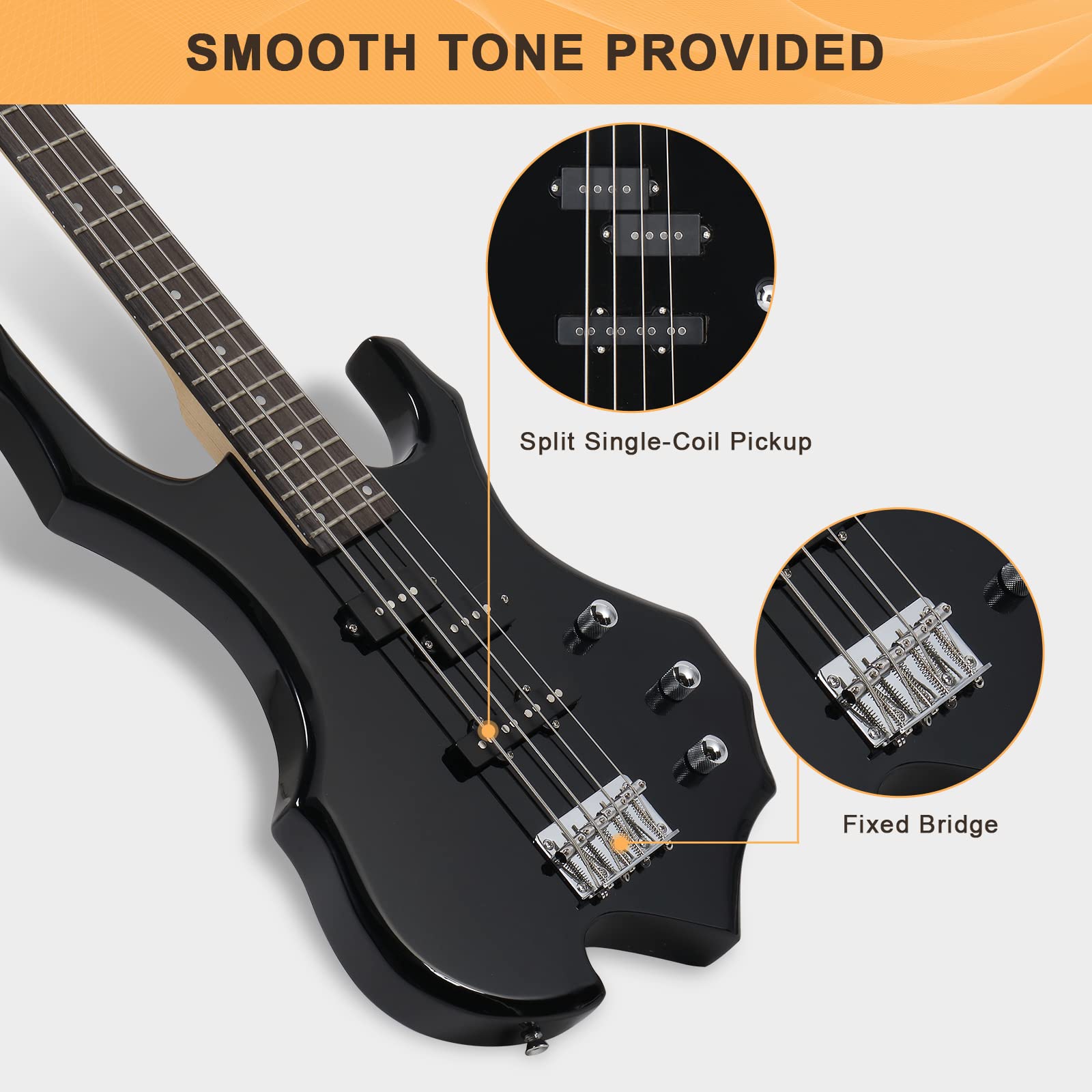 GLARRY Electric Bass Guitar 4 Strings - Burning Fire Style with Single Coil & Split Pickups for Beginners & Adults (Right Hand) - Includes 20W Amp, Gig Bag, Strap & Cable (Black) - Perfect for Rock, Metal & Live Performances