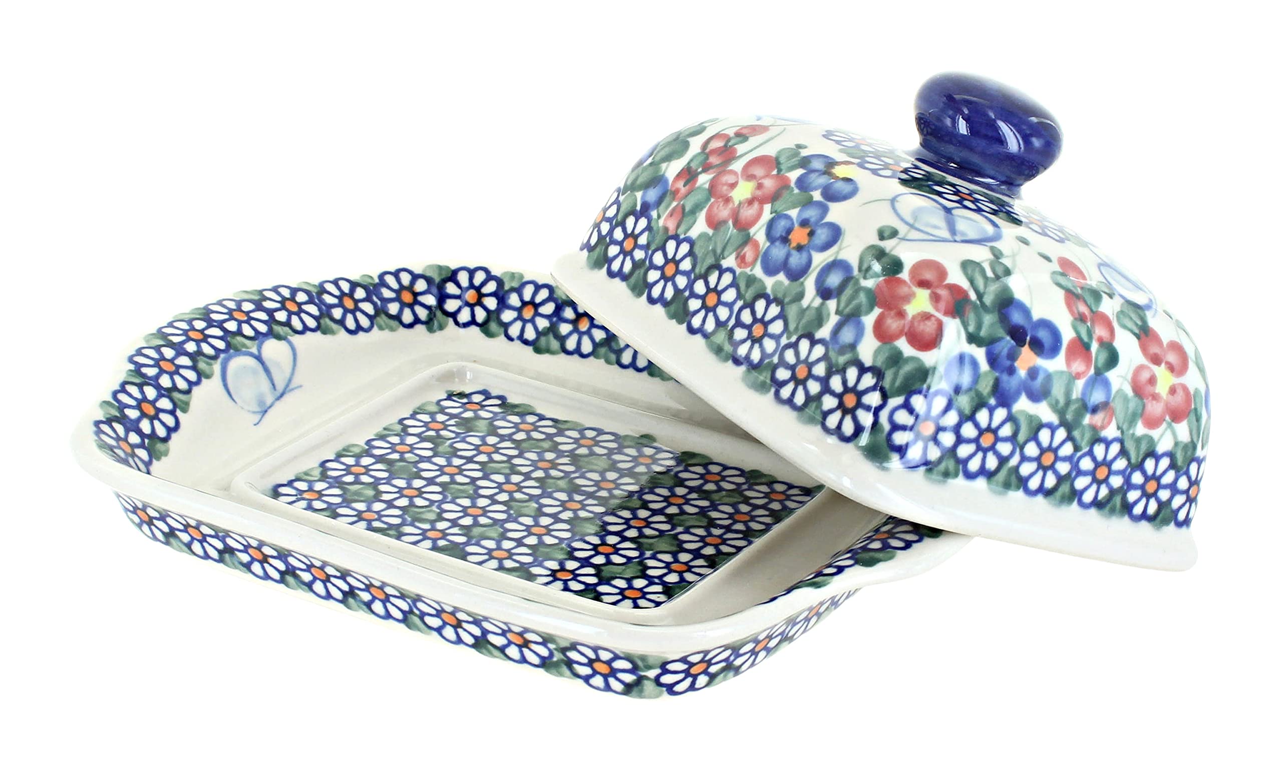 Blue Rose Polish Pottery Garden Butterfly Square Butter Dish - Handcrafted Ceramic Butter Keeper with Lid for Kitchen, Dining Table, and Outdoor Picnics