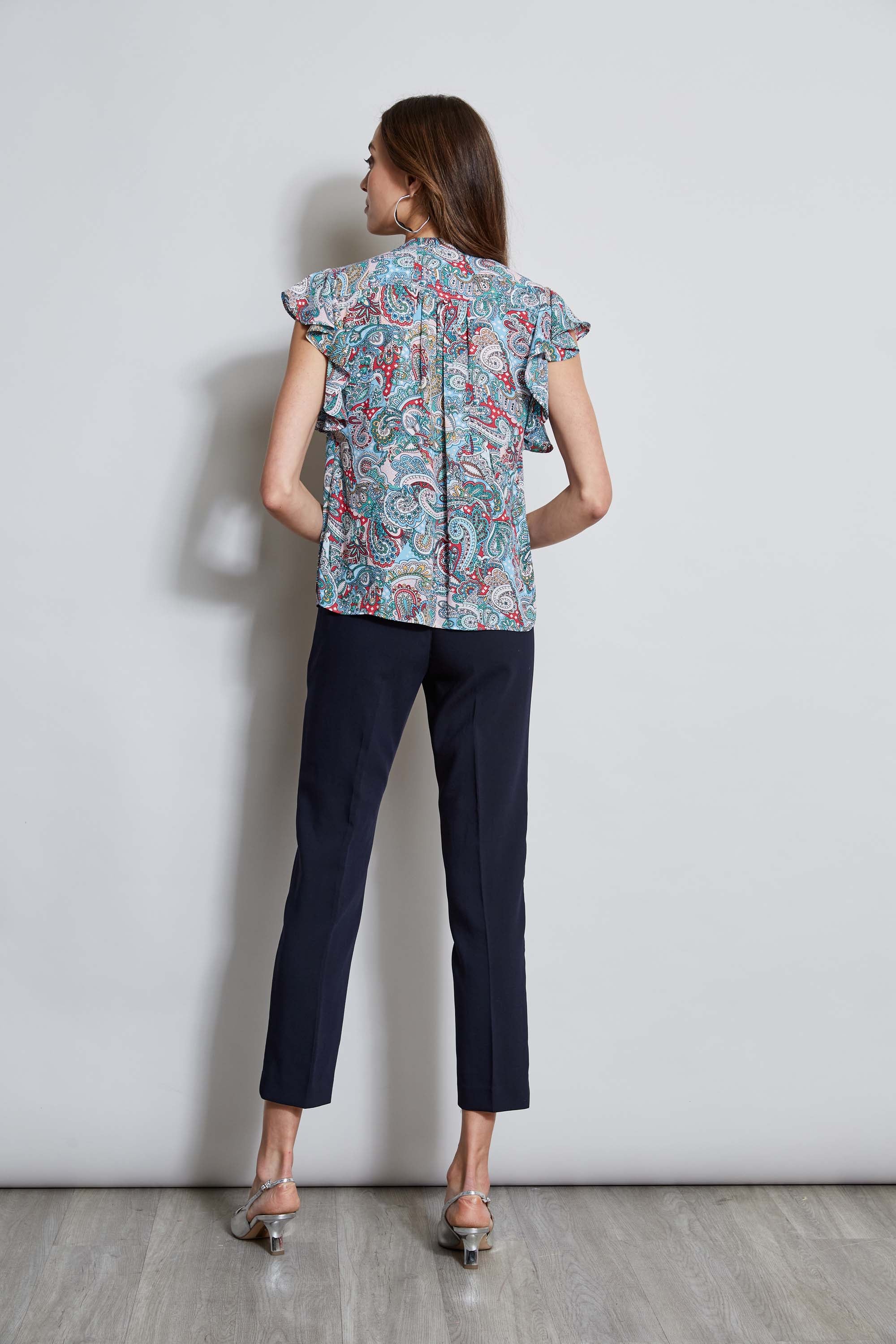 Tahari Women's Paisley Print Flutter Sleeve Blouse - Elegant Flowy Top for Office, Date Night & Spring Outfits