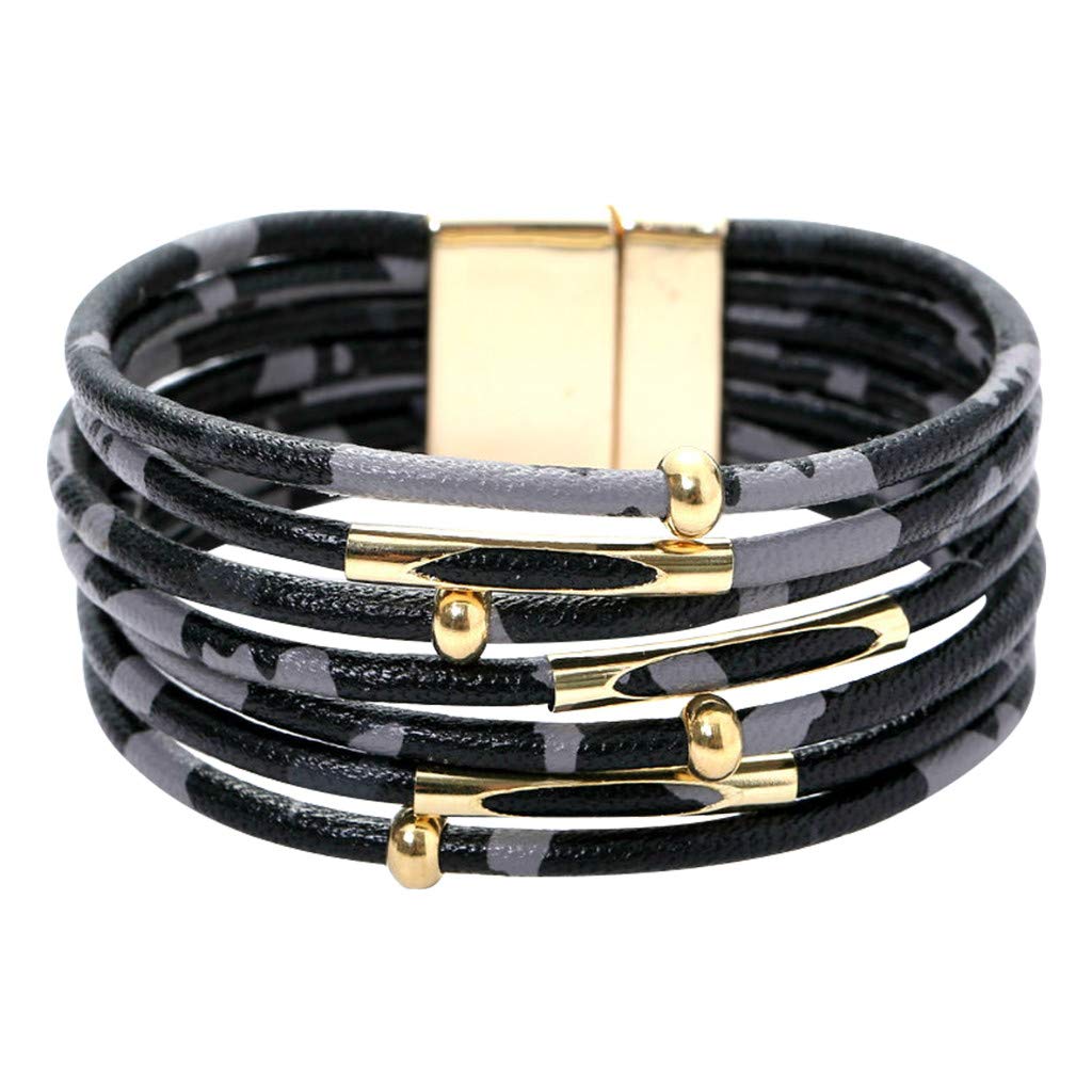 Boho Bracelets for Women - Trendy Magnetic Multilayer Leopard Print Leather Bracelet Jewelry Set, Elegant Gift for Her (Black, One Size) | Perfect for Casual Wear, Parties, and Everyday Fashion Accessories