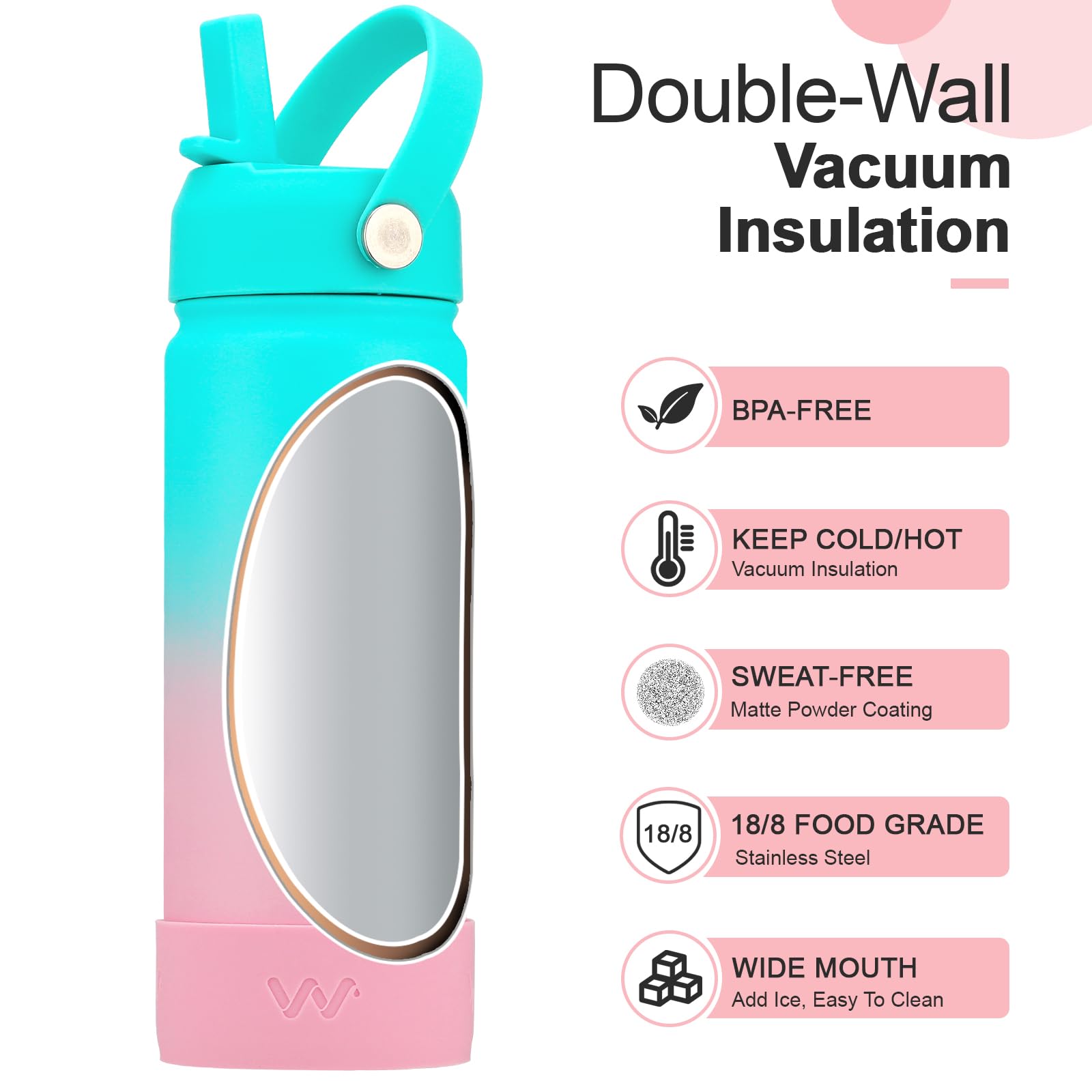 **18oz Insulated Stainless Steel Kids Water Bottle with Straw Lid, Shoulder Strap & Boot - Leakproof Reusable Metal Bottle for School, Travel & Outdoor Activities - Bubble Gum (18 oz)**