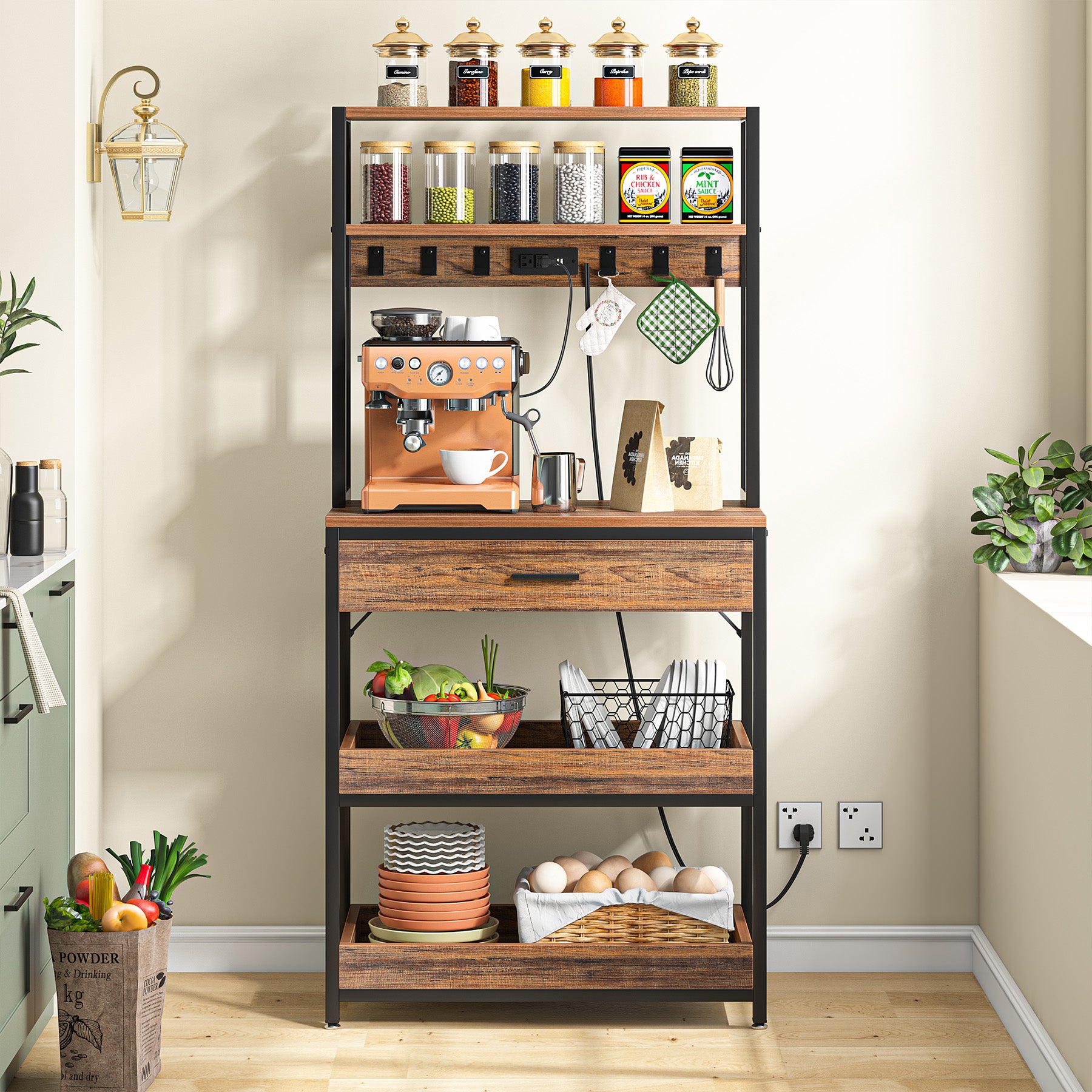 5-Tier Metal Kitchen Baker's Rack with Electrical Outlets, Storage Drawer & Adjustable Shelves - Perfect for Baking, Cooking, and Organizing Small Appliances in Home Kitchen