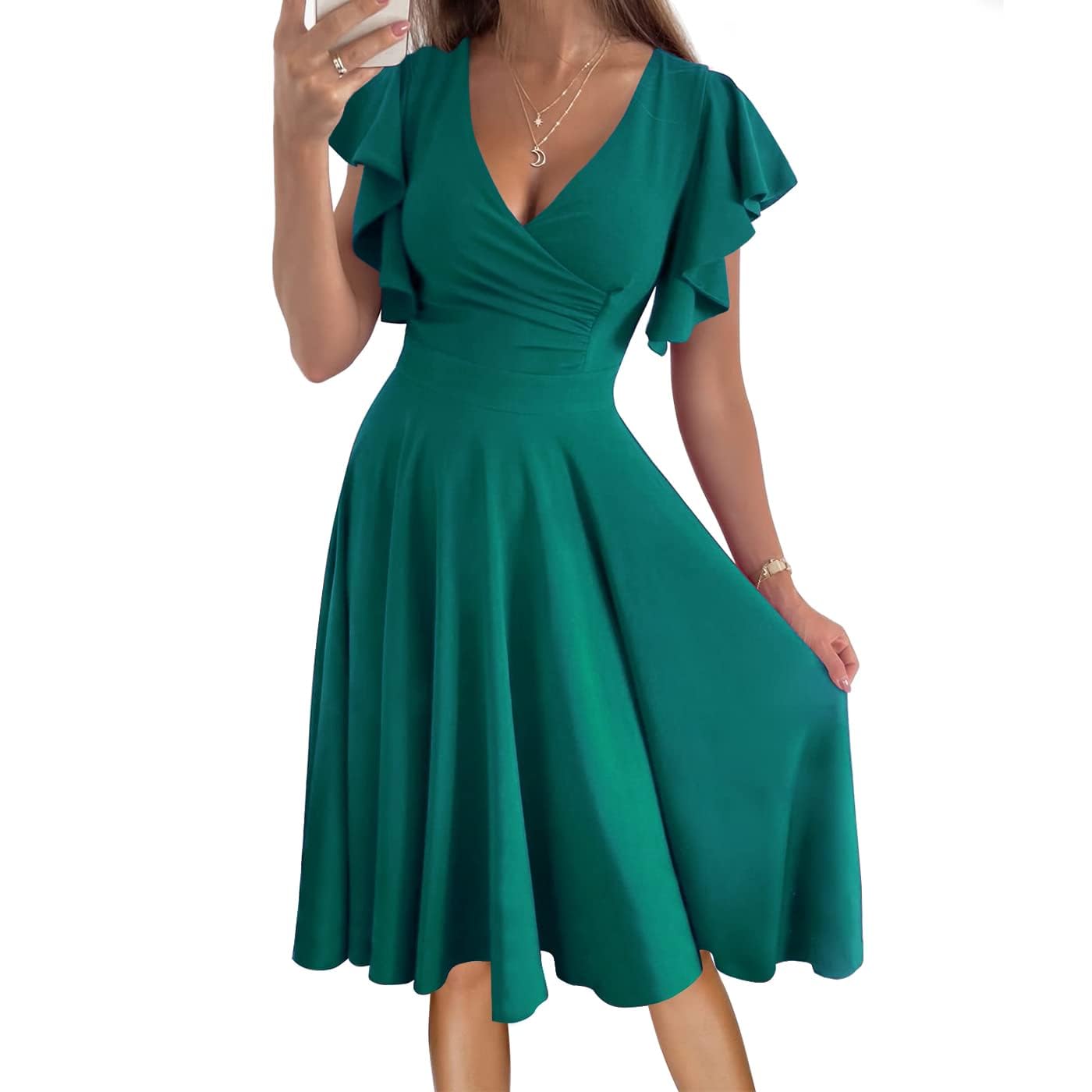 Elegant Women's Cocktail Wrap Dress - V Neck Ruffle Short Sleeve A-Line Midi Dress with Pockets for Wedding Guest, Work & Formal Events | Perfect for Parties, Office & Special Occasions