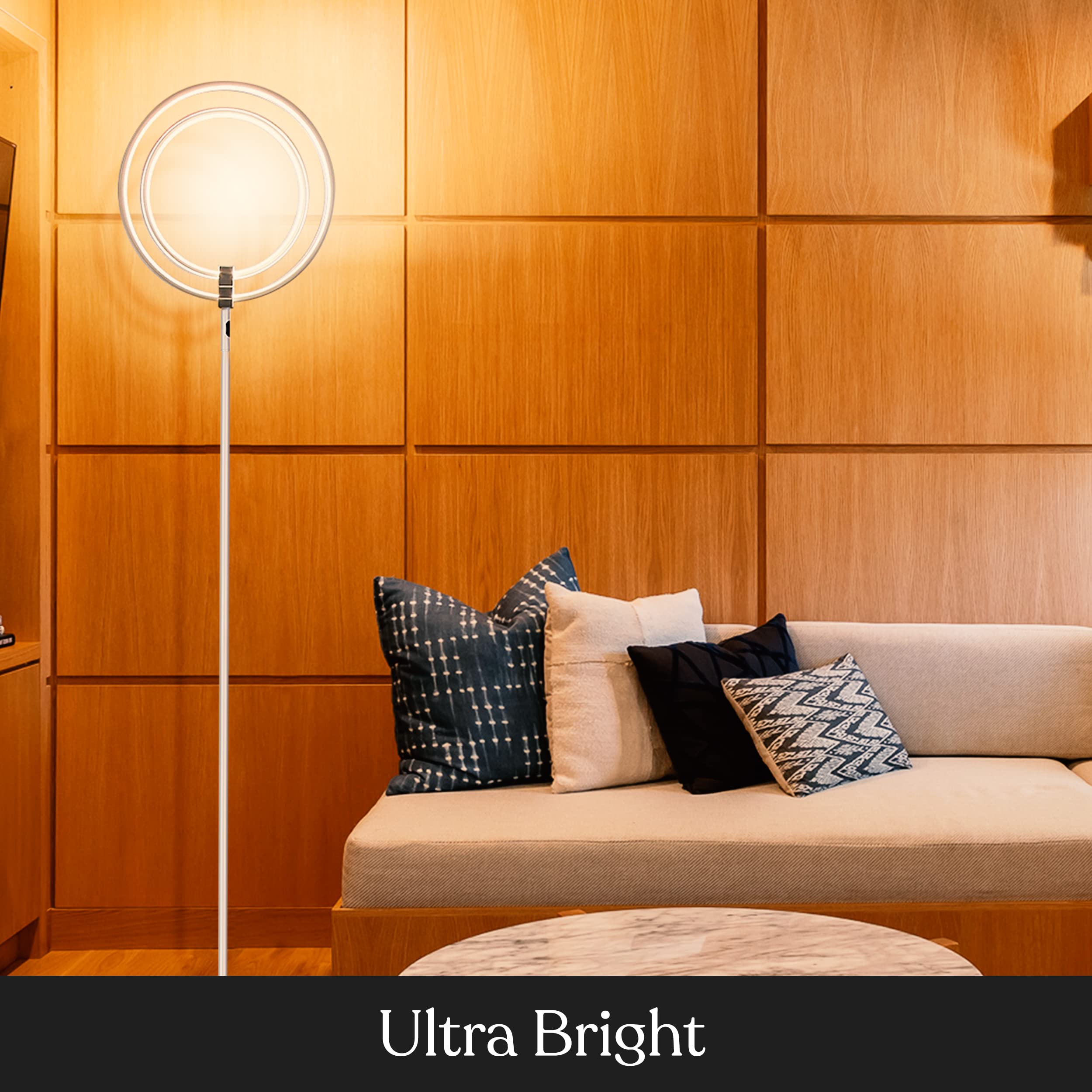 Brightech Eclipse Dimmable LED Floor Lamp - Modern Torchiere Standing Lamp for Living Room & Office - Super Bright Adjustable Tall Lamp with Remote Control - Silver - Perfect for Reading, Working & Home Decor