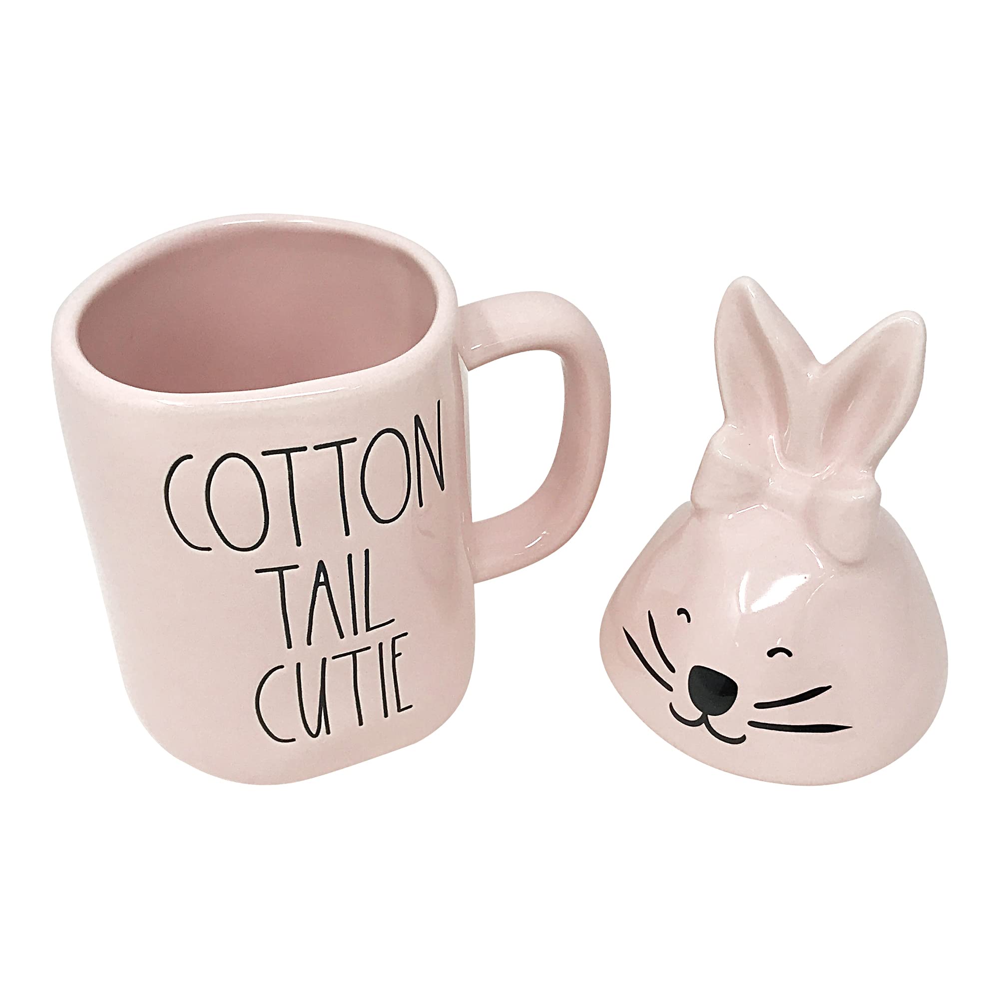 Rae Dunn Ceramic Easter Mug with Decorative Lid - Pink Cotton Tail Cutie Bunny Design for Coffee, Tea & Hot Drinks - Perfect for Spring Celebrations, Easter Gifts & Home Decor