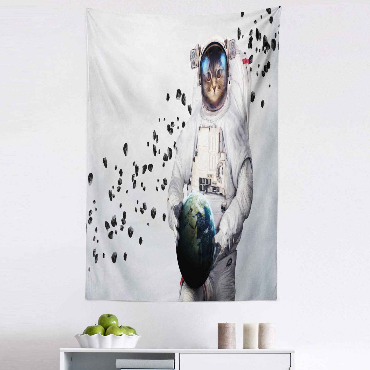 Ambesonne Space Cat Tapestry - Astronaut Kitten in Space Suit Holding Planet with Galaxy Design, Fabric Wall Art for Bedroom, Living Room, Dorm Decor, 30x45 Inches, White Black Blue - Perfect for Space Theme Rooms, Teen Bedrooms & Sci-Fi Decor