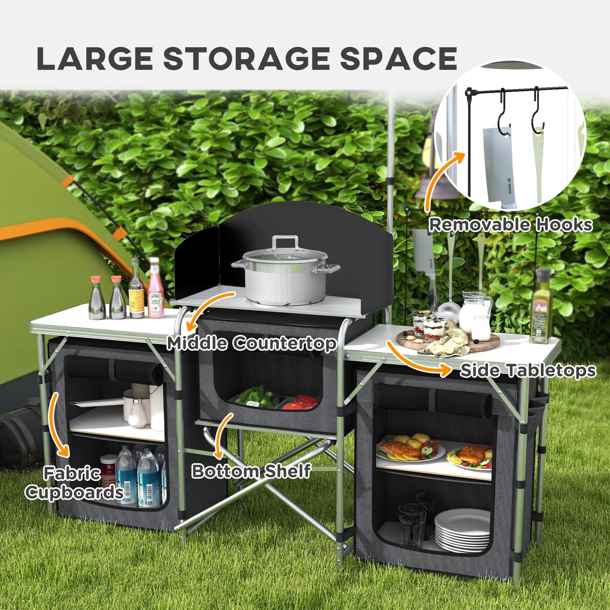 Outsunny Portable Folding Camping Kitchen Table - Aluminum Cook Station with 3 Fabric Cupboards & Windshield - Compact Camp Kitchen for BBQ, RV, Picnic - Includes Carrying Bag (Black) | Perfect for Outdoor Cooking, Camping Trips & Backyard Gatherings