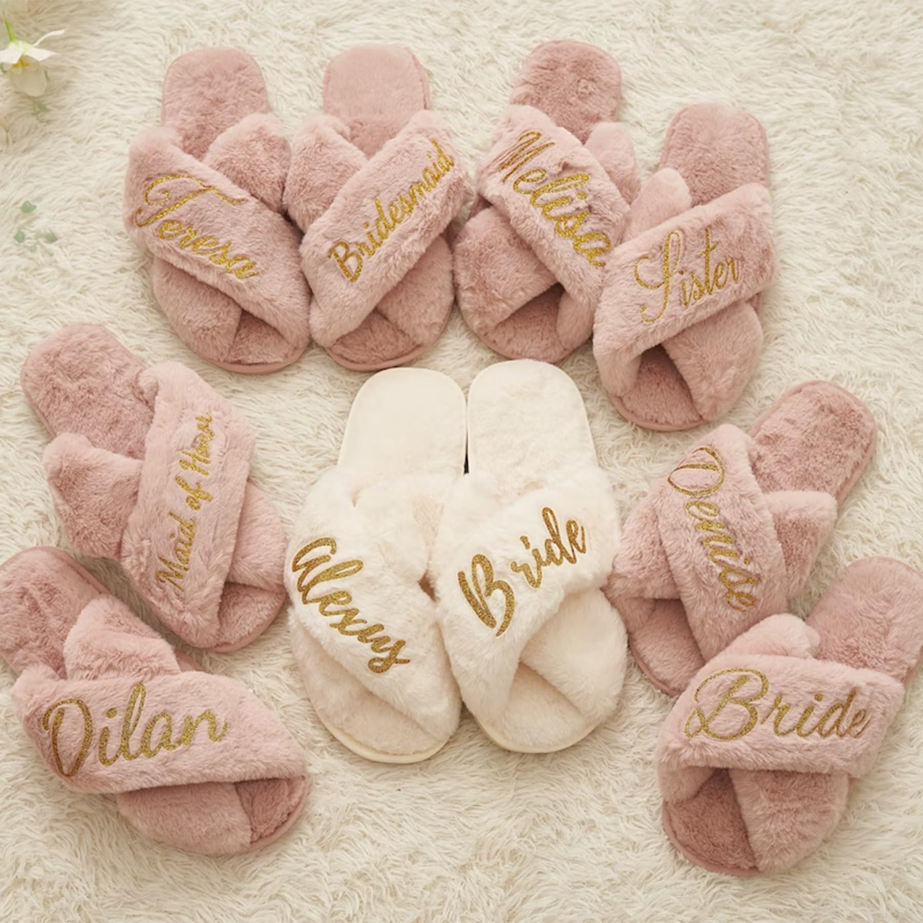 Personalized Fluffy Bridesmaid Slippers - Custom Bride Slippers for Bachelorette Party, Bridal Shower & Wedding Gifts - Cozy House Shoes for Bridal Party & Newlyweds