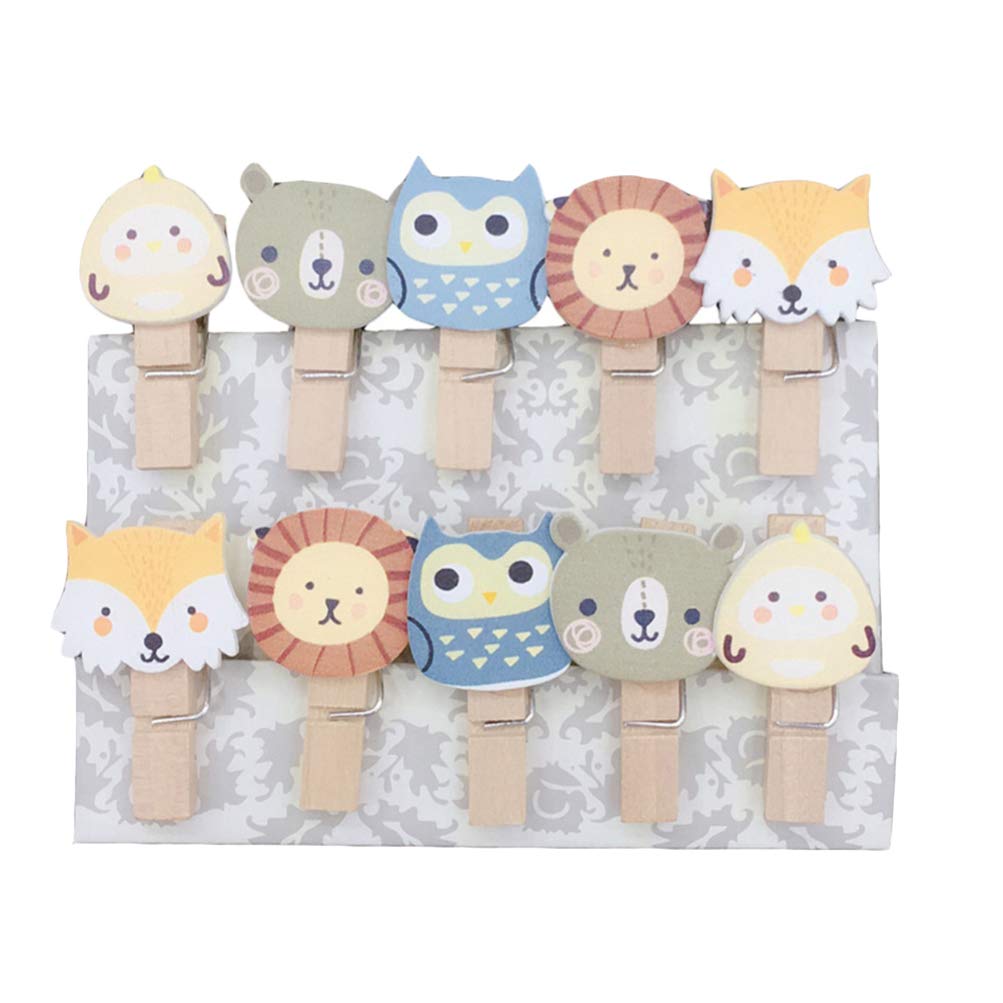 100PCS Wooden Clothespins with Twine - Cabilock Forest Animals Design Photo Clips, Paper Clamps for Hanging Photos, Notes, DIY Crafts - Perfect for Home Decor, Scrapbooking & Wall Display