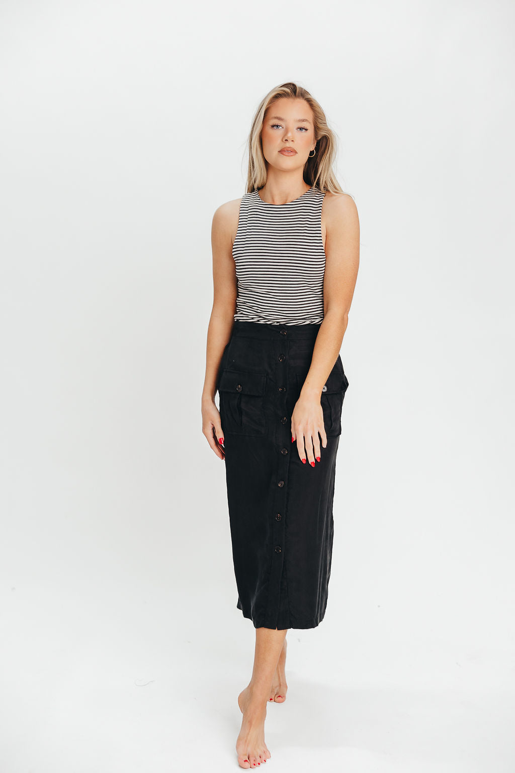 Better Days Black Button Down Midi Cargo Skirt for Women | Casual Streetwear & Outdoor Adventure Skirt | Perfect for Hiking, Travel & Everyday Wear