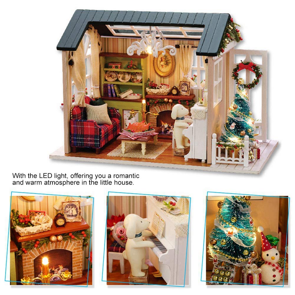 Mini LED Wooden House Toy - Cute Wooden Dollhouse with Lights for Kids, Perfect for Home Decor & Playroom Display | Great Gift for Children's Birthday & Christmas