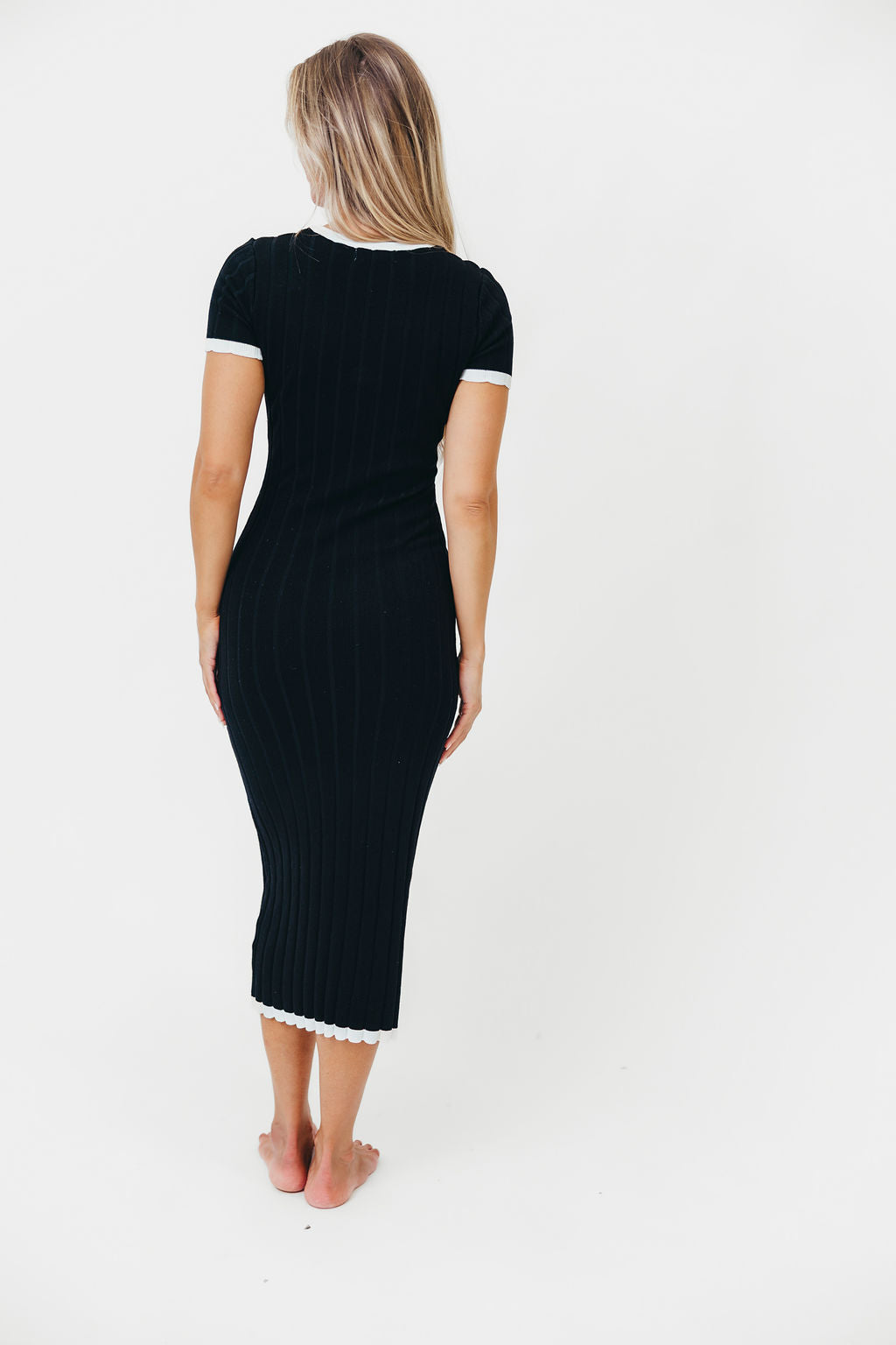 Landon Short Sleeve Sweater Rib Knit Midi Dress for Women - Black & White Striped Casual Dress for Fall & Winter | Perfect for Office, Date Night & Holiday Parties