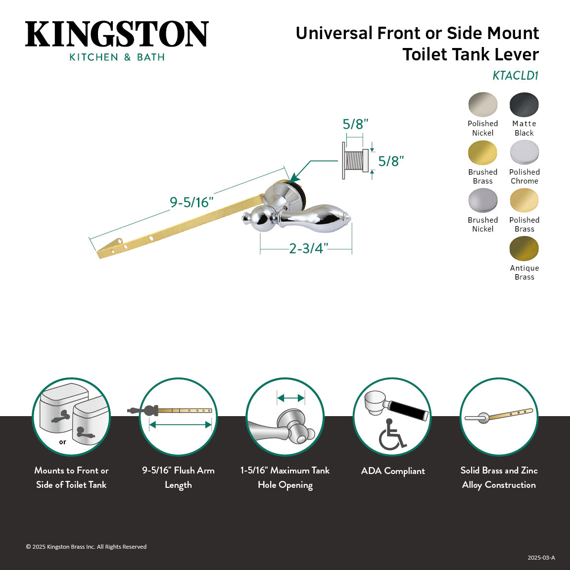 American Classic KTACLD3 Universal Front or Side Mount Toilet Tank Lever in Antique Brass - Durable Toilet Handle for Easy Flushing in Bathrooms and Restrooms